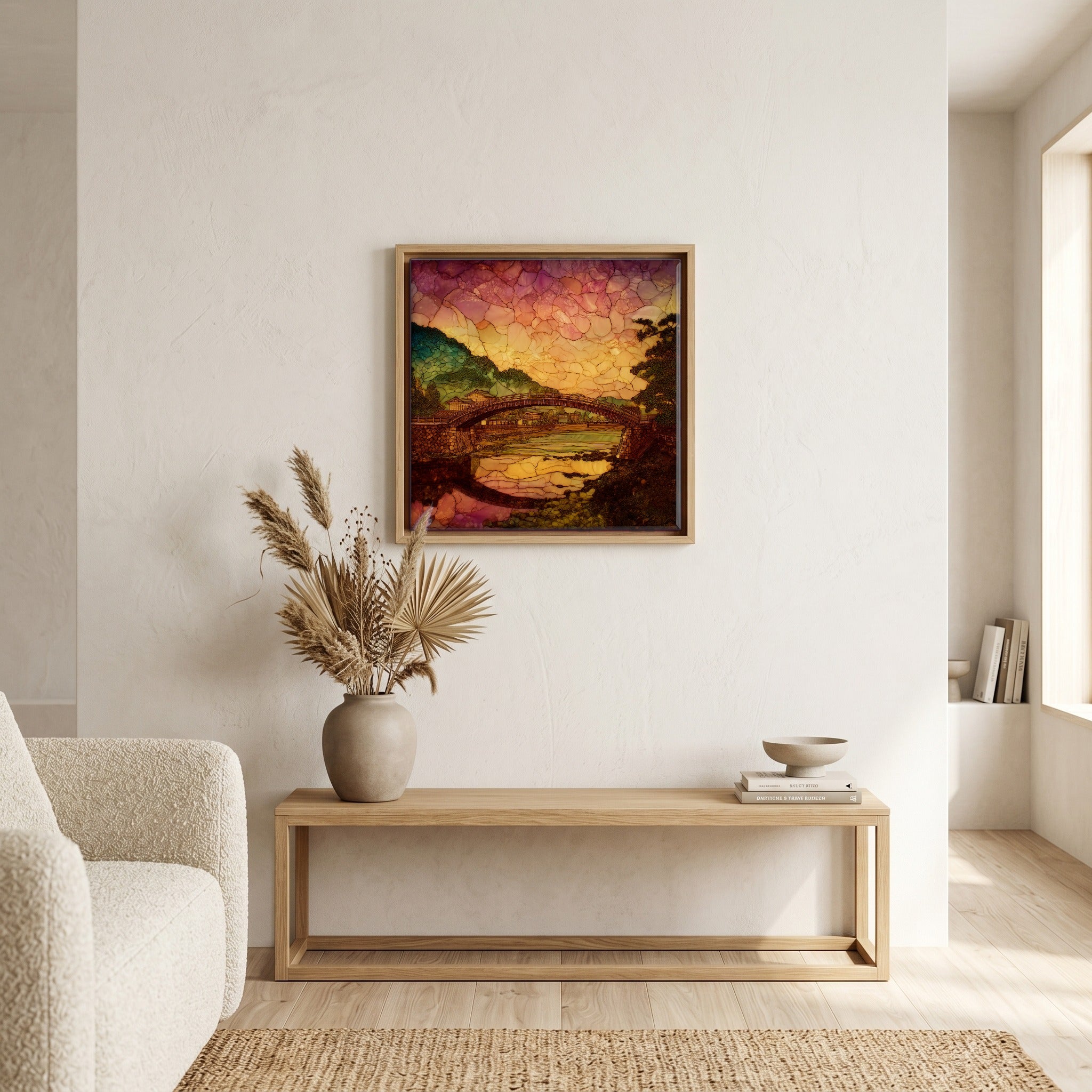 In the living room, above the sofa.