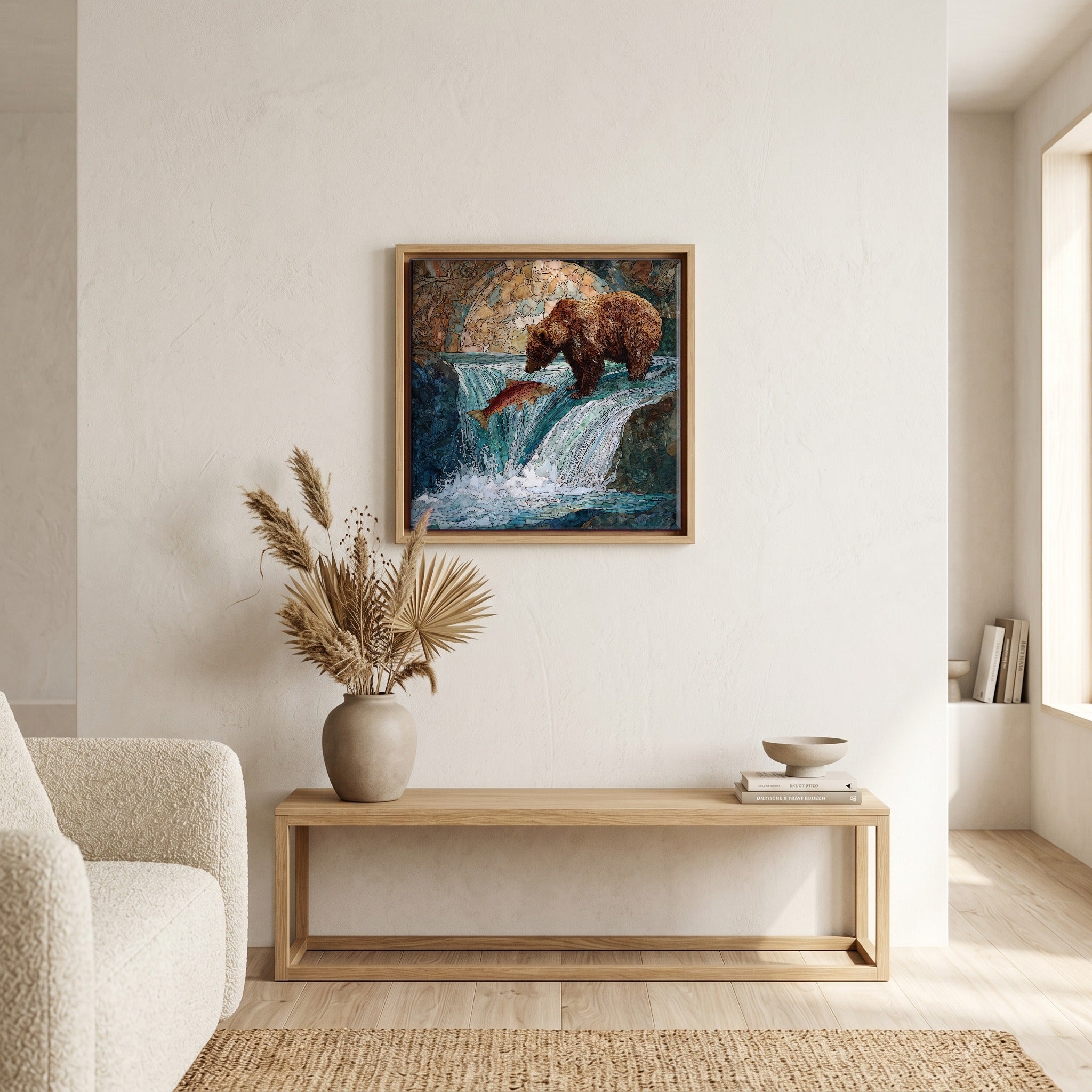 In the living room, above the sofa.