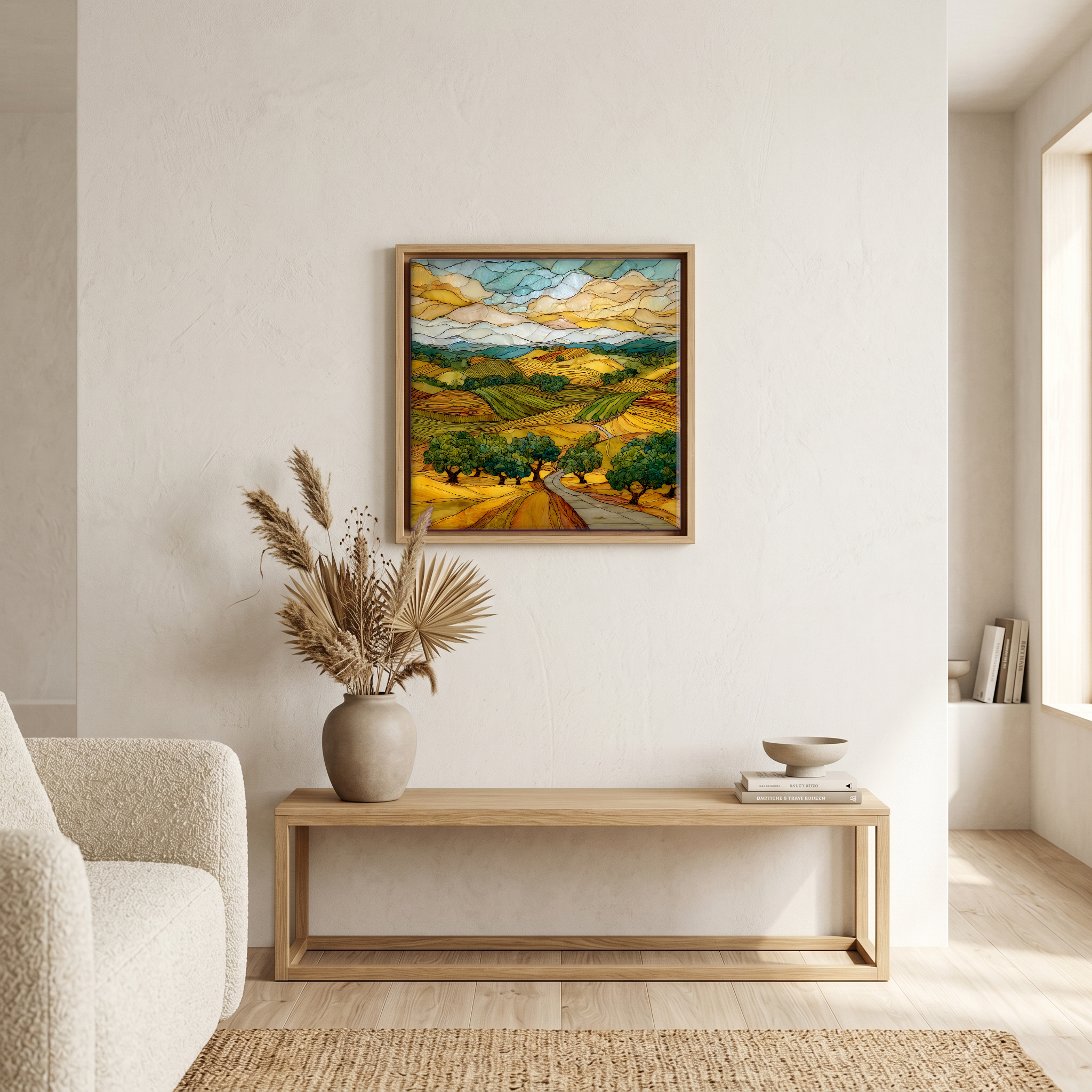 Above the bench, in a warm oak surround.