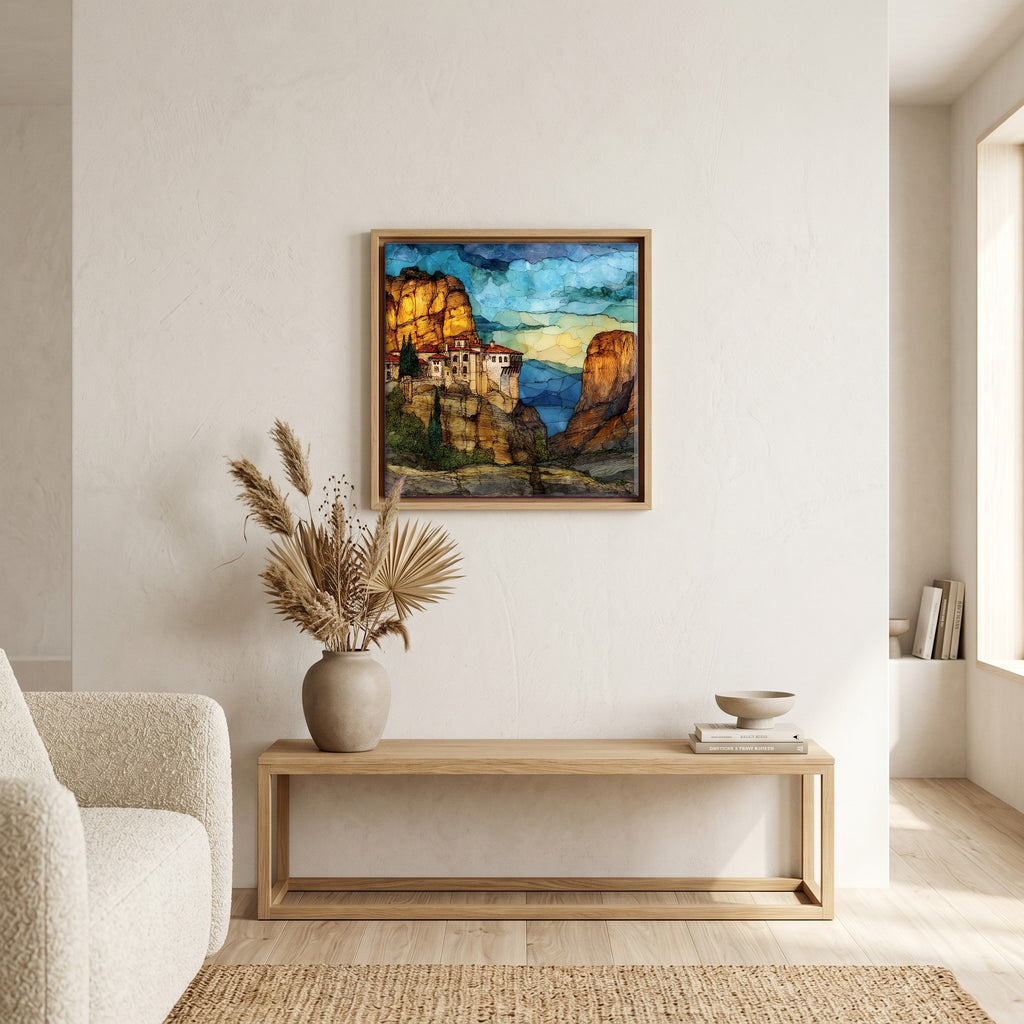 In the living room, above the sofa.