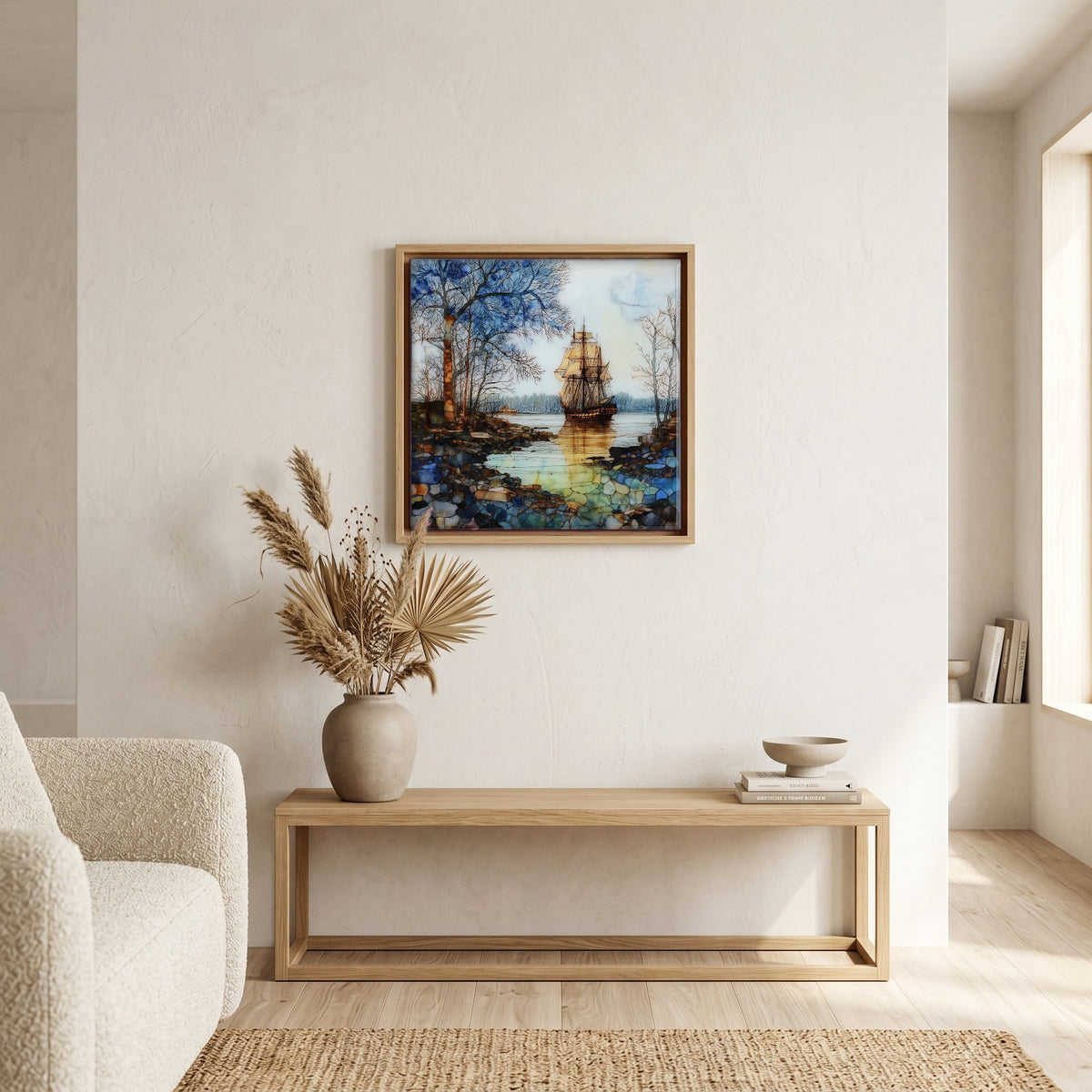 In the living room, above the sofa.