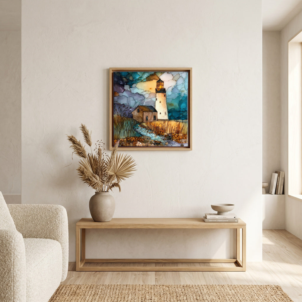In the living room, above the sofa.