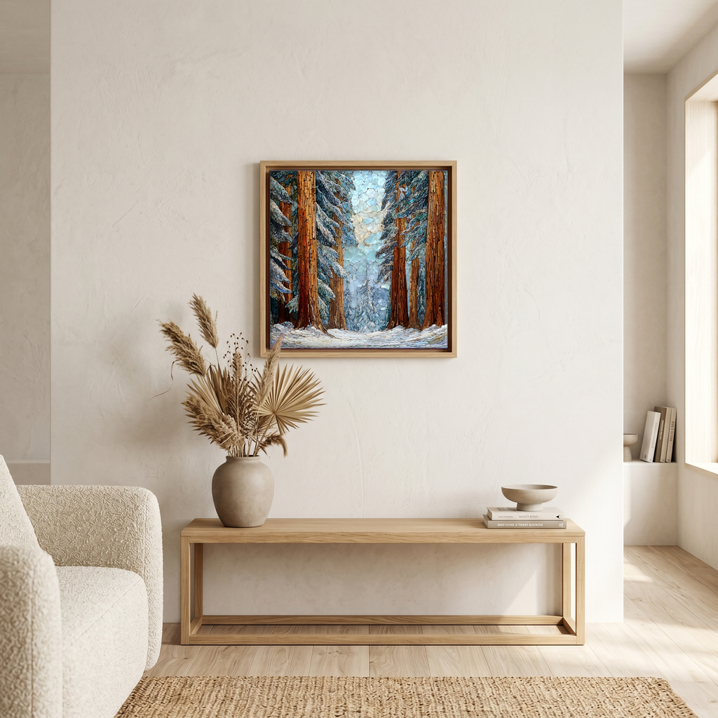 Above the bench, in a warm oak surround.