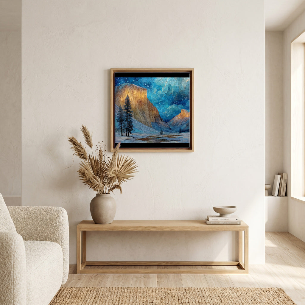 In the living room, above the sofa.