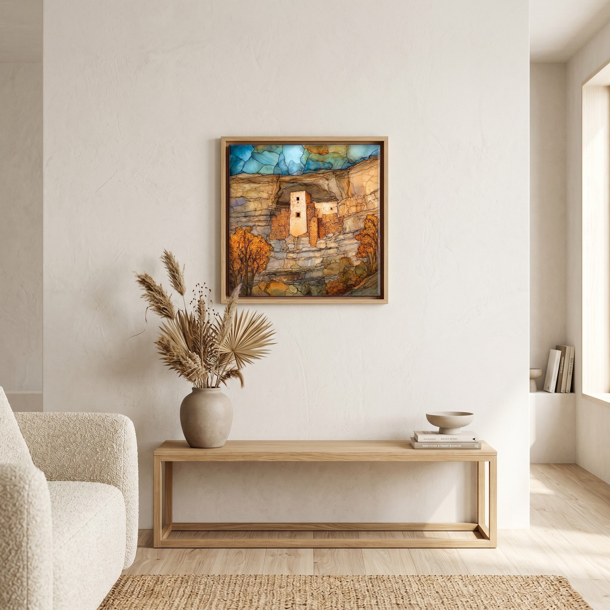 In the living room, above the sofa.