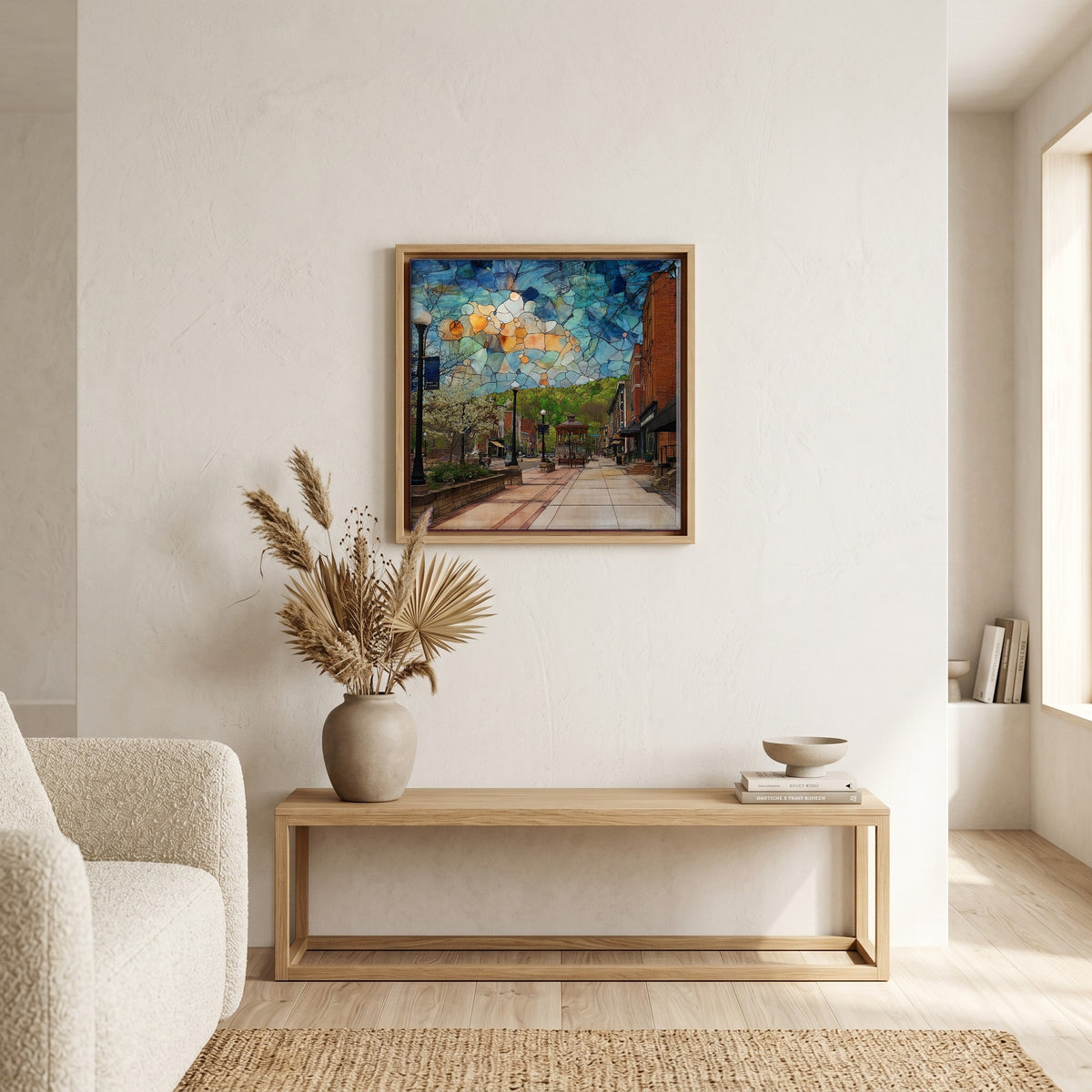 In the living room, above the sofa.