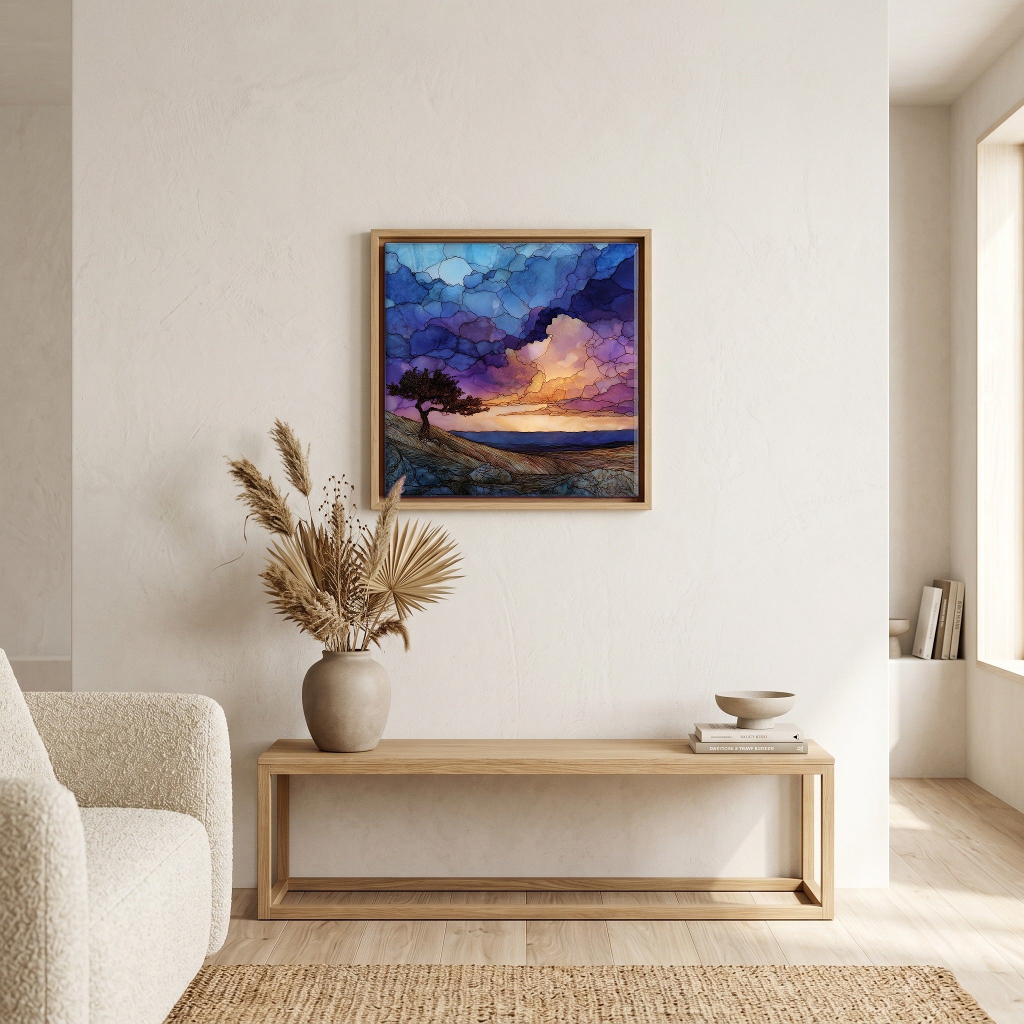 Above the bench, in a warm oak surround.