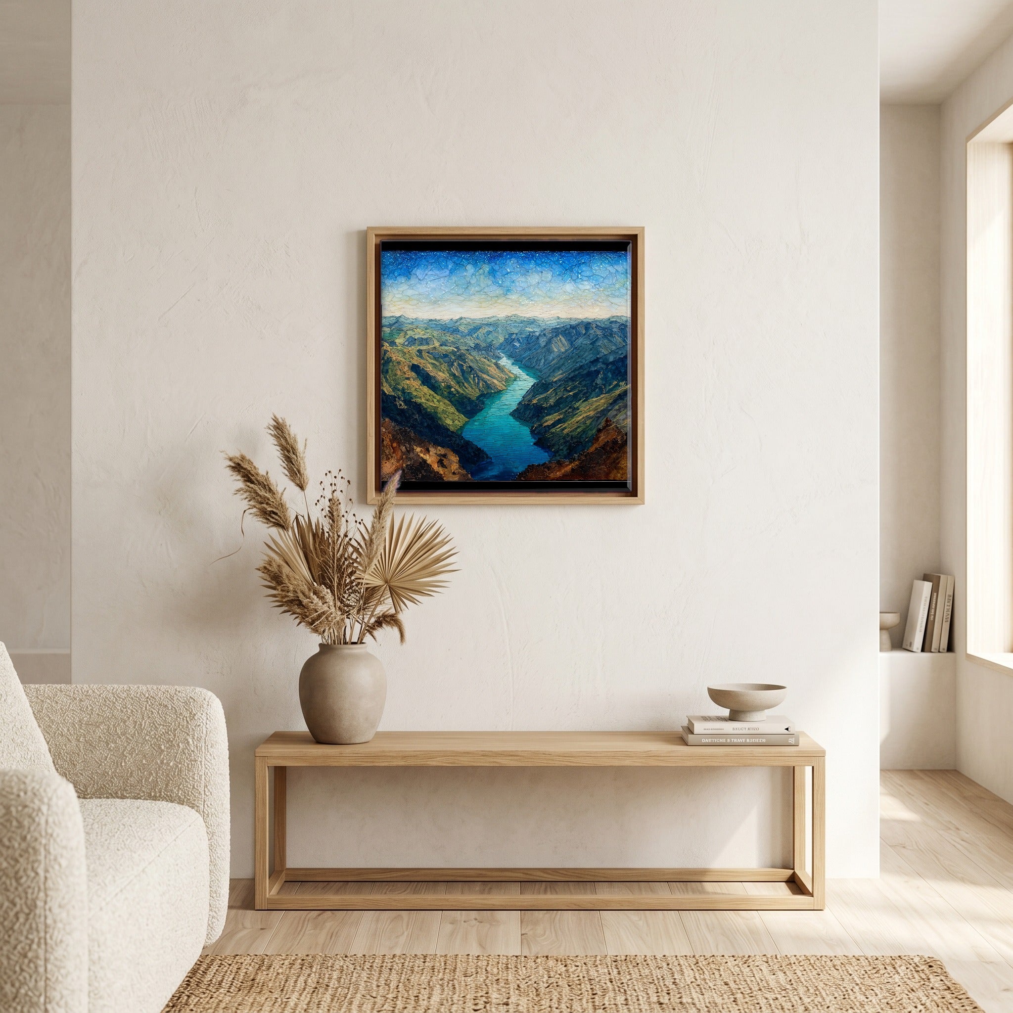 In the living room, above the sofa.