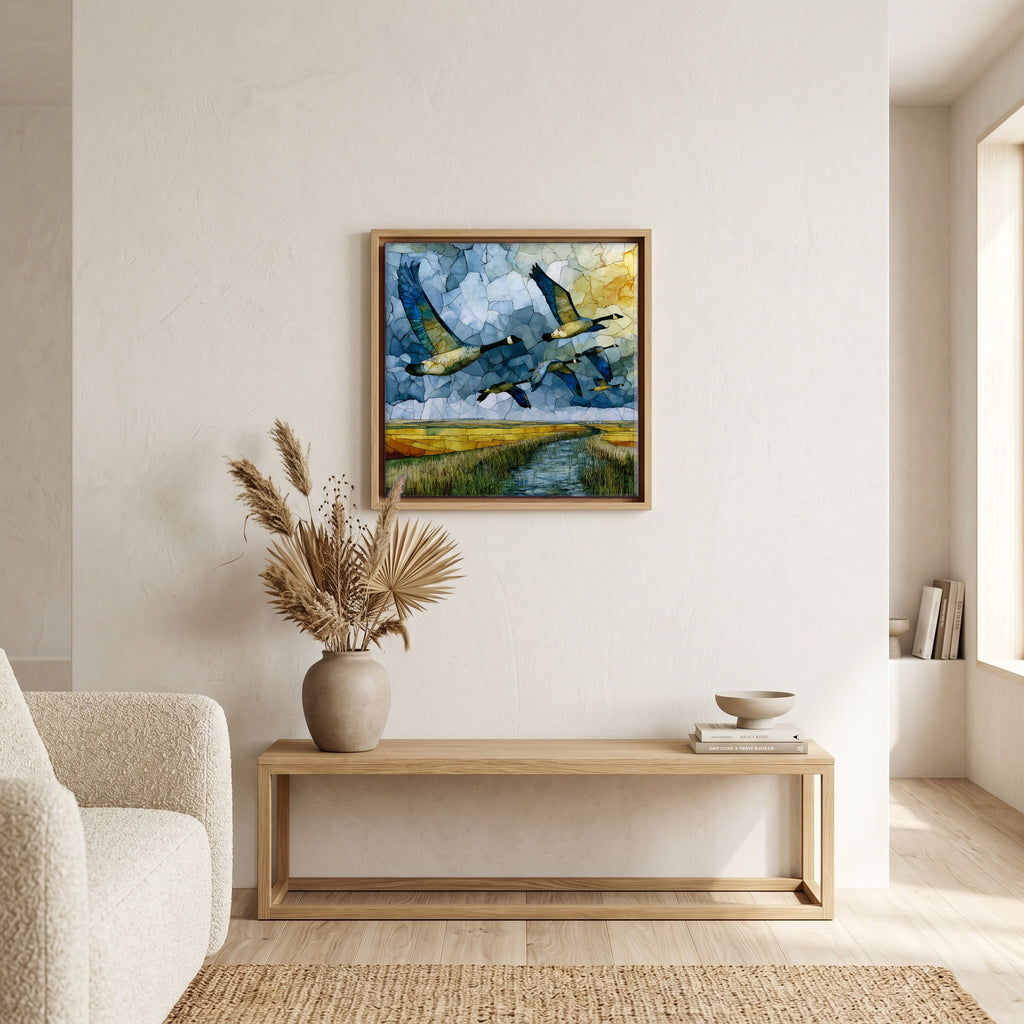 In the living room, above the sofa.