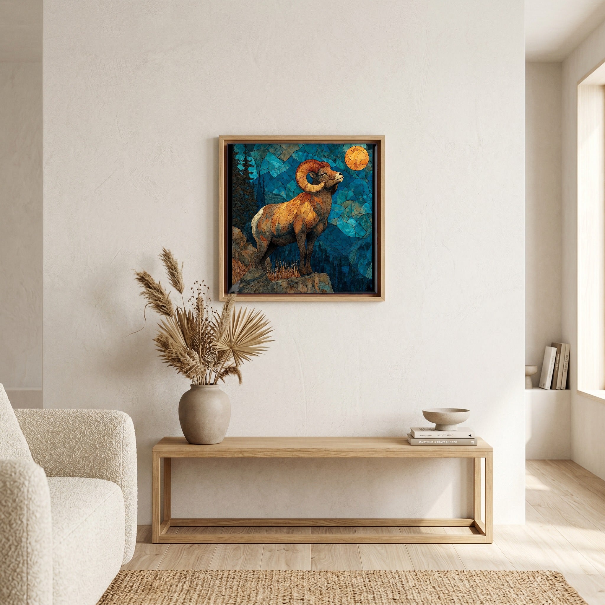 In the living room, above the sofa.