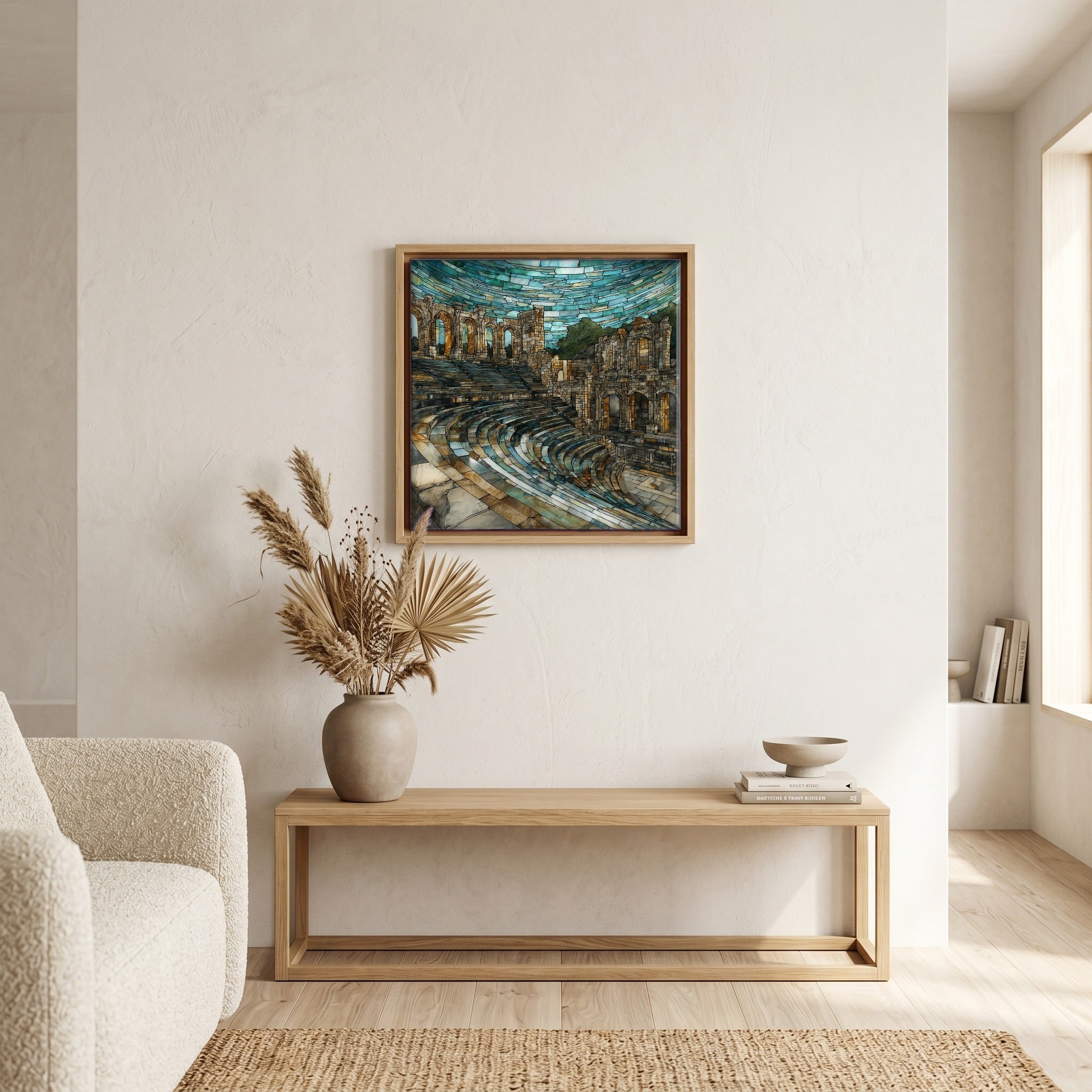 In the living room, above the sofa.