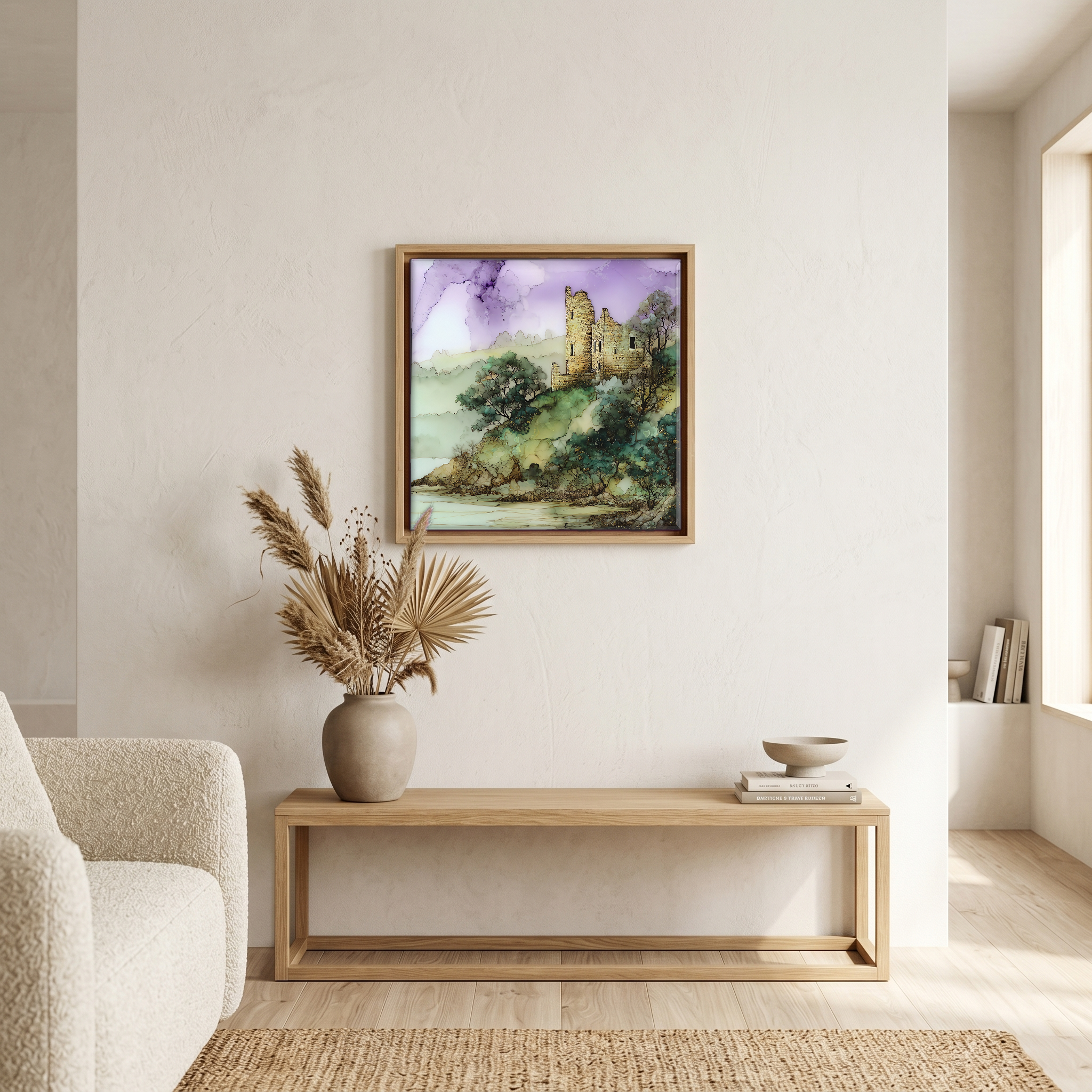 Above the bench, in a warm oak surround.