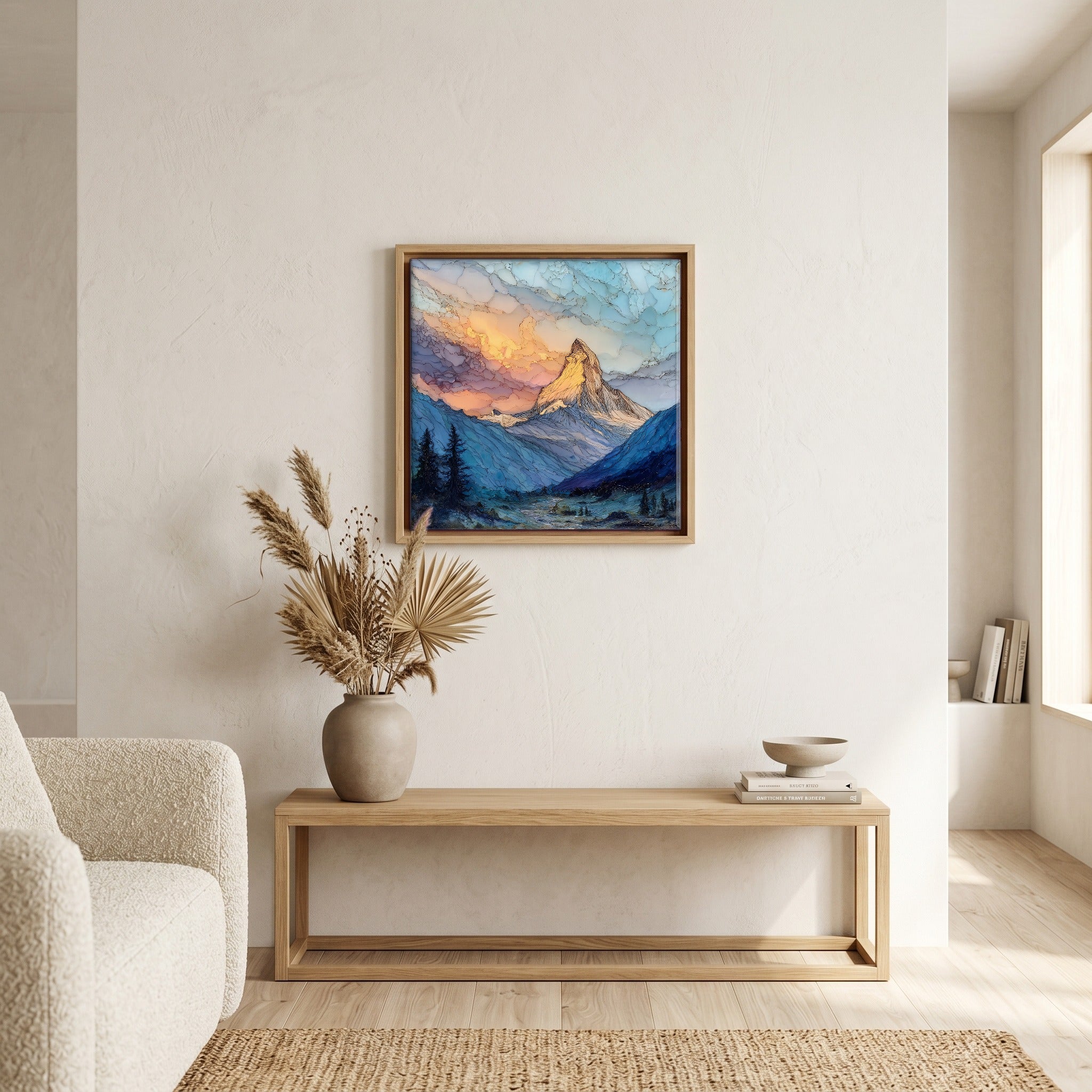 Above the bench, in a warm oak surround.