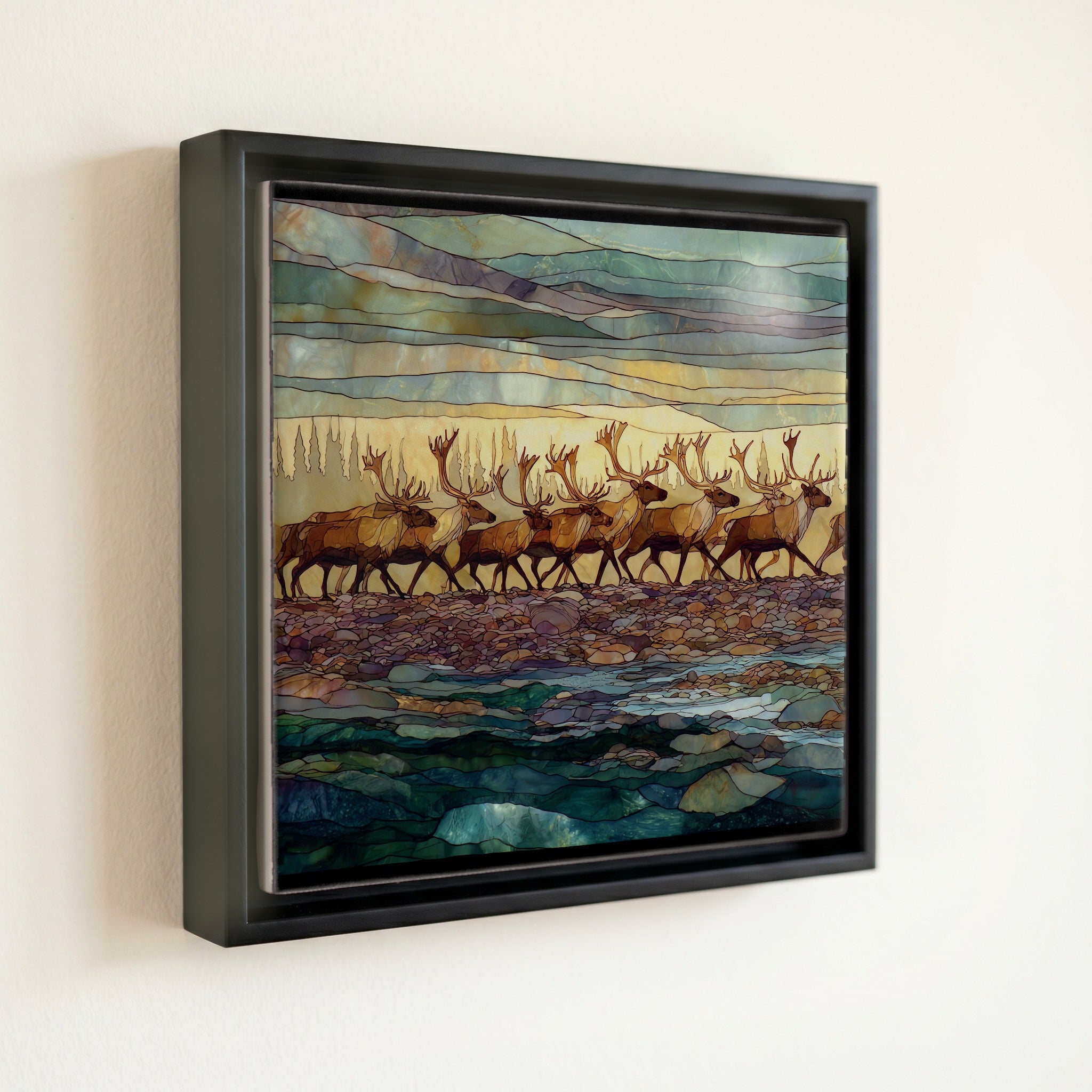 a caribou herd crossing — front