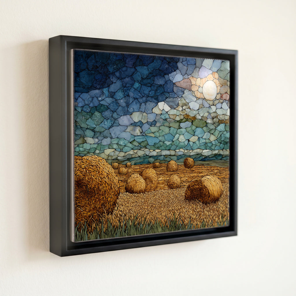 round bales of wheat across a stubble field — front