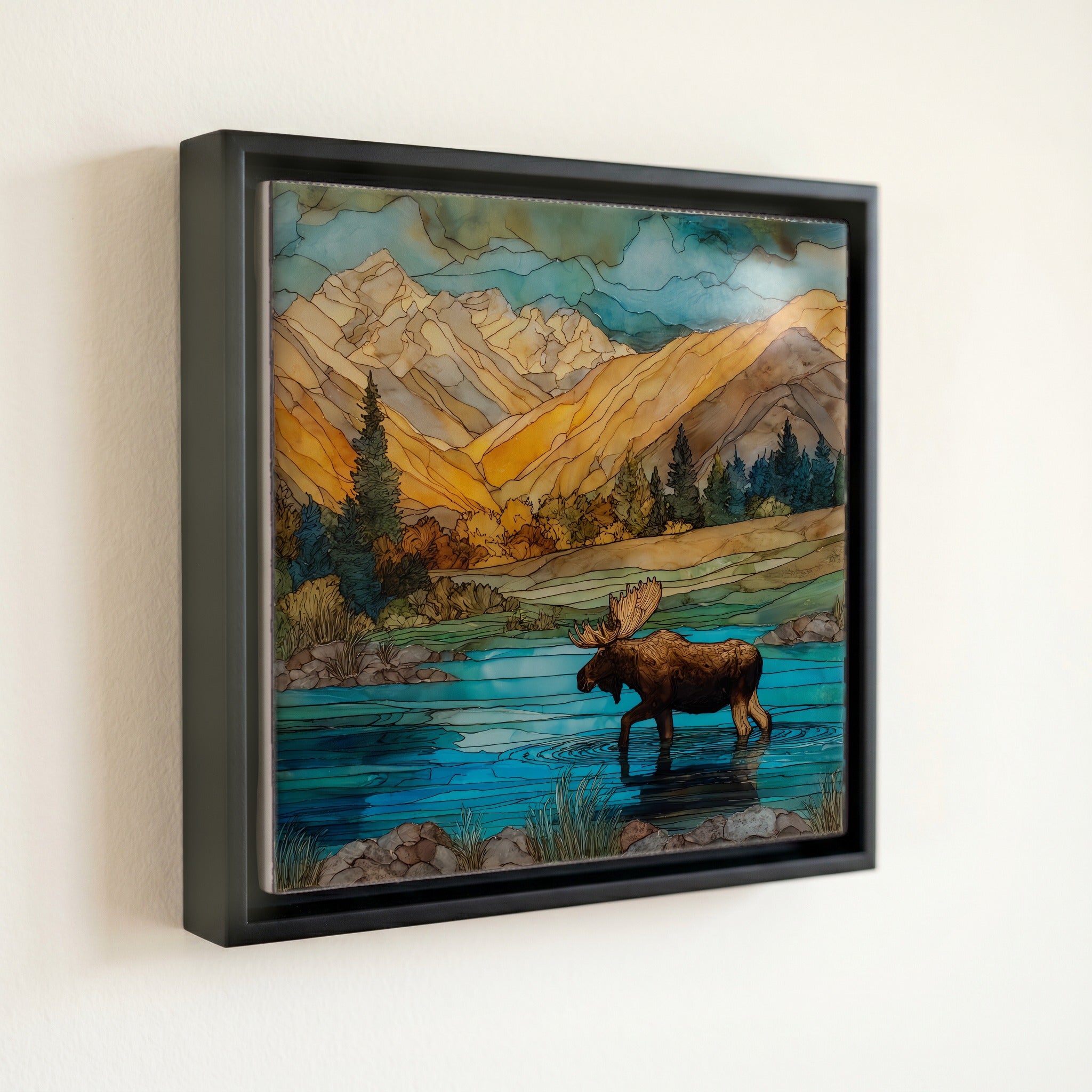 a bull moose wading the Gros — front