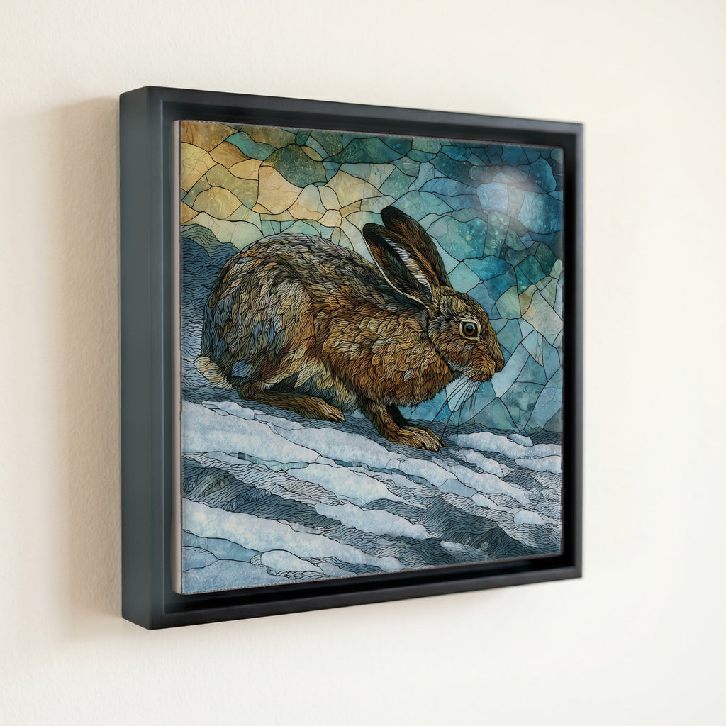 a snowshoe hare crouched — front