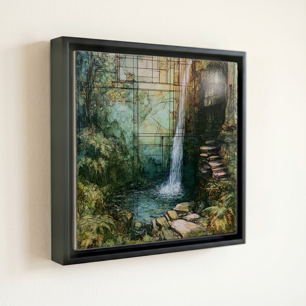 a slender waterfall dropping — front