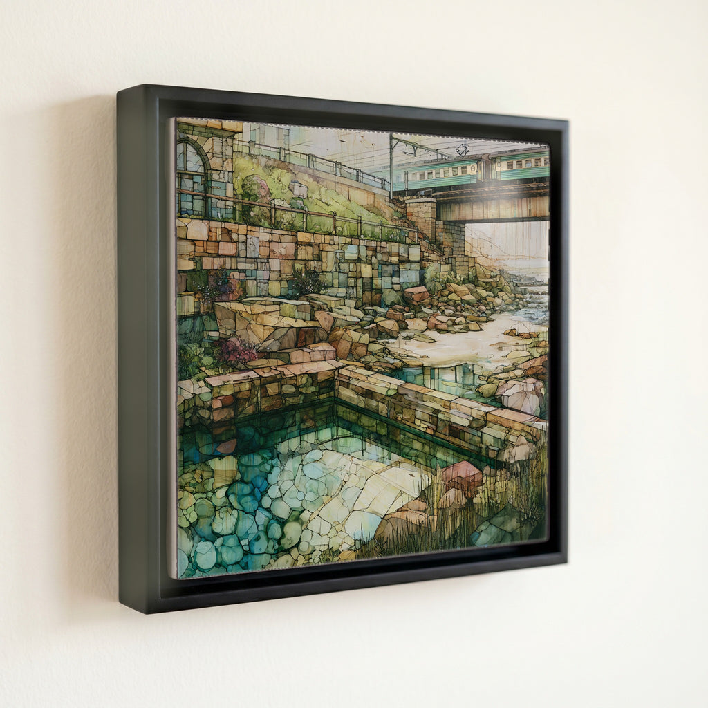 a stone tidal pool below a — front