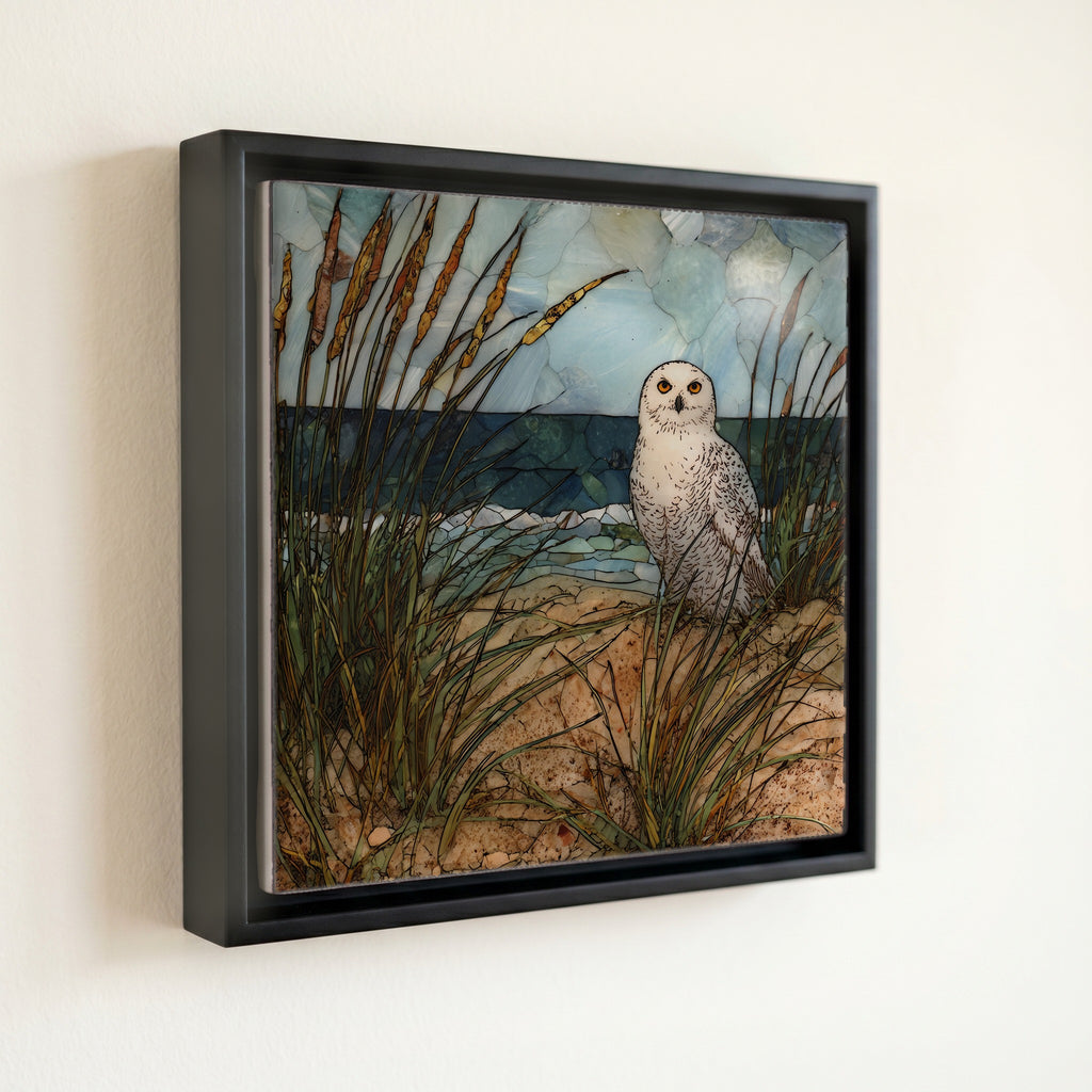 a snowy owl on a wind-shaped — front