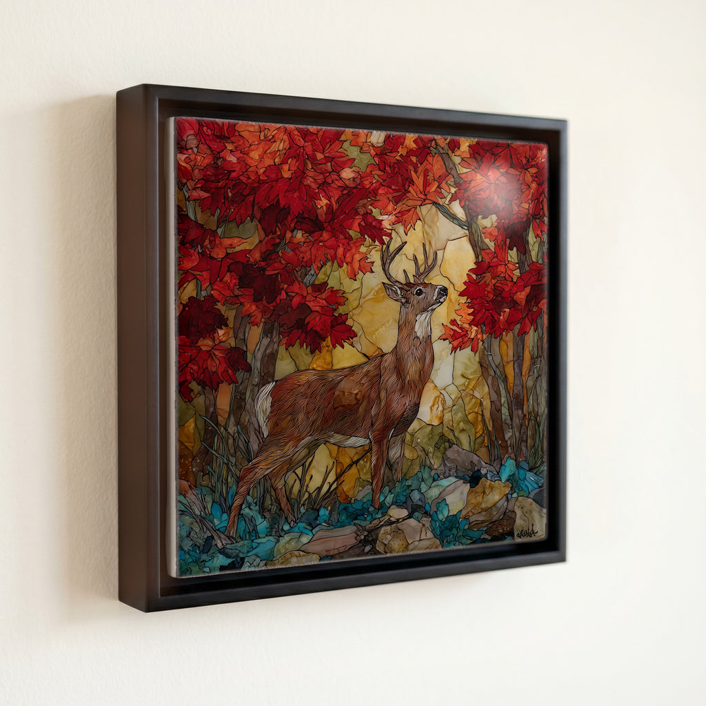 a white-tailed buck among red maple — front