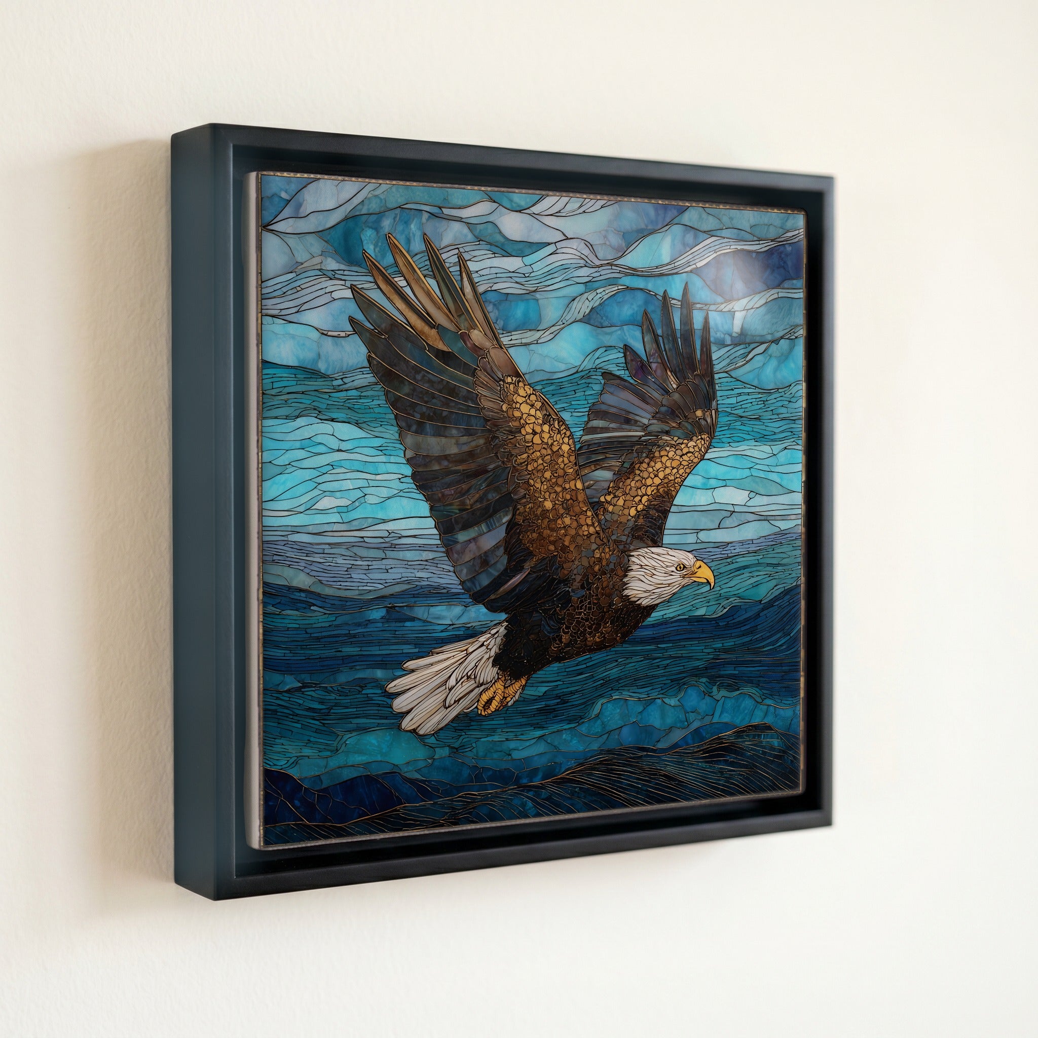 a bald eagle soaring — front