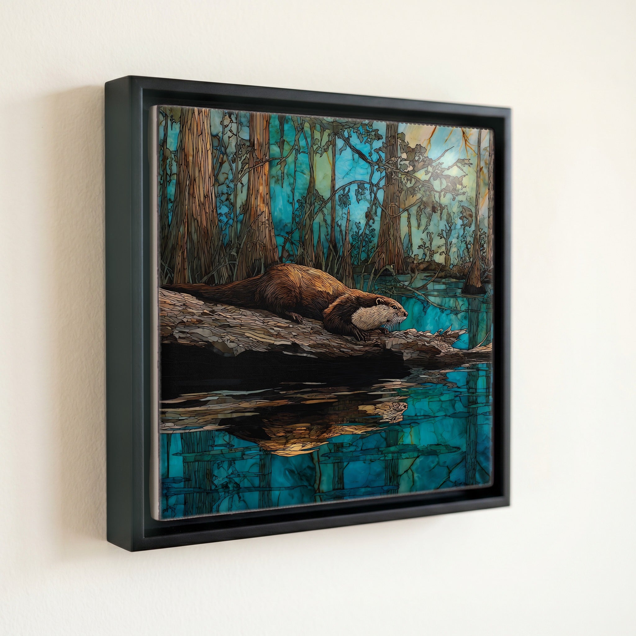 a river otter on a fallen cypress log — front