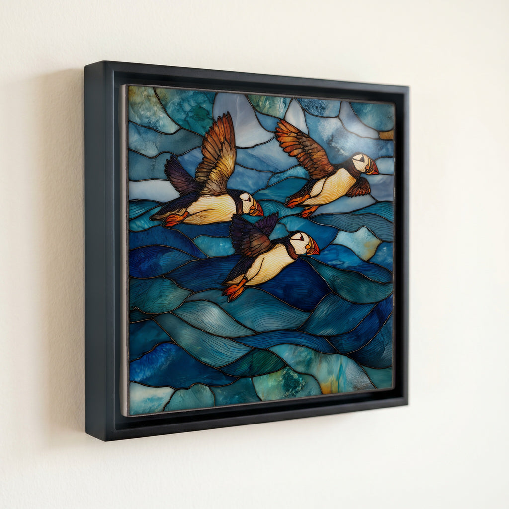 Atlantic puffins on the — front