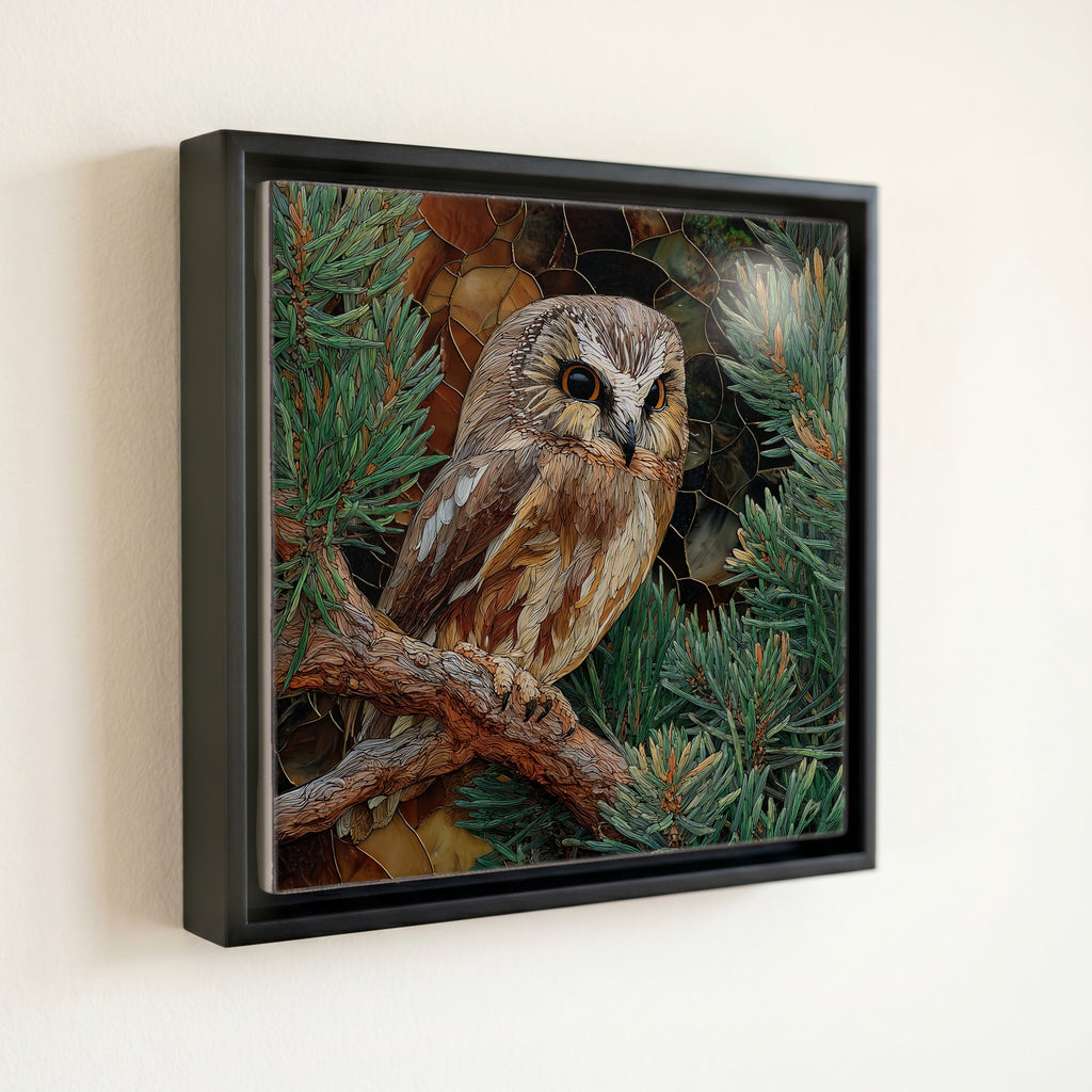 a northern saw-whet owl on a low red — front