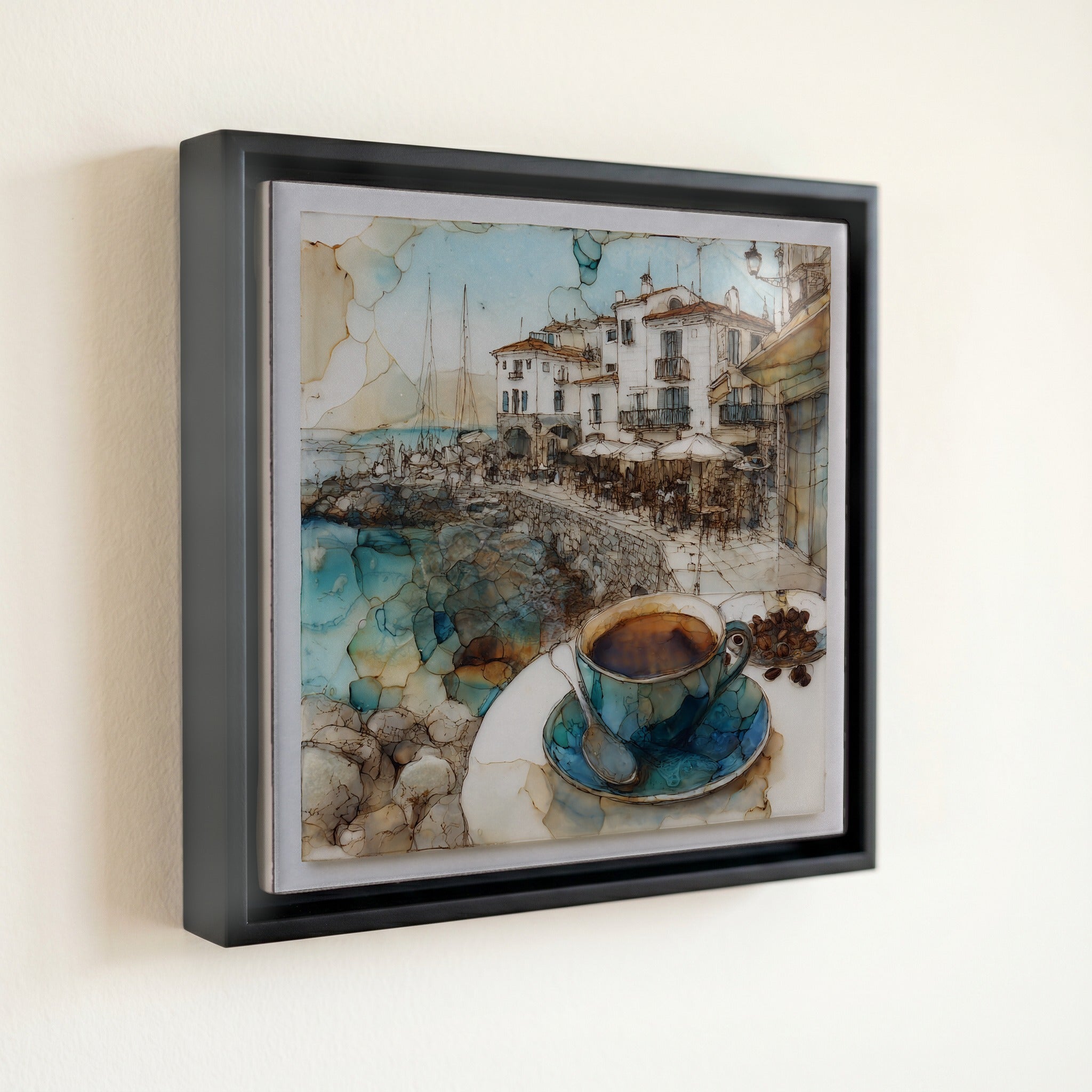 Small Sitges Harbor Cafe Terrace a Cup of Thick Hot Chocolate the Sea Wall Vie — front