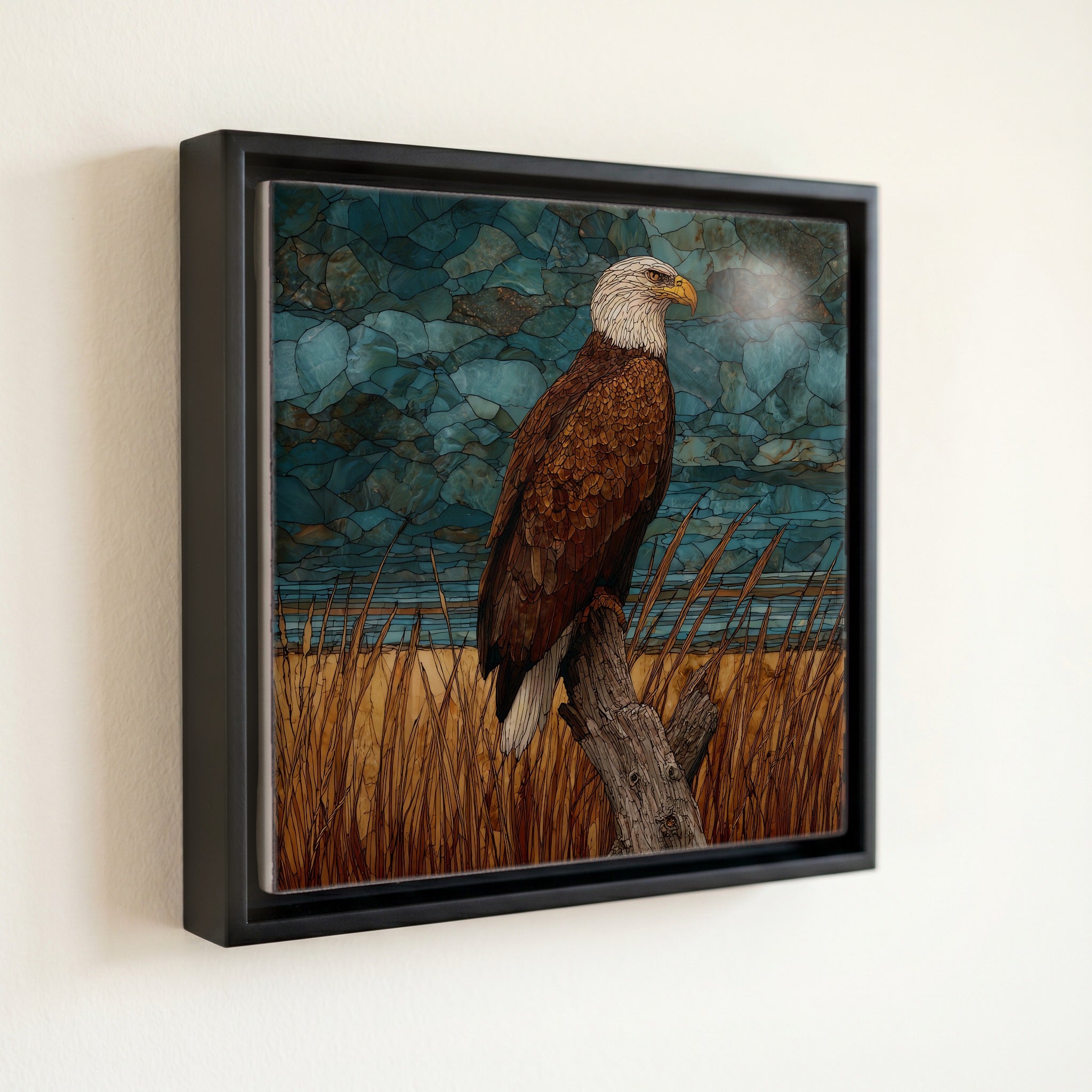 a bald eagle perched atop a — front
