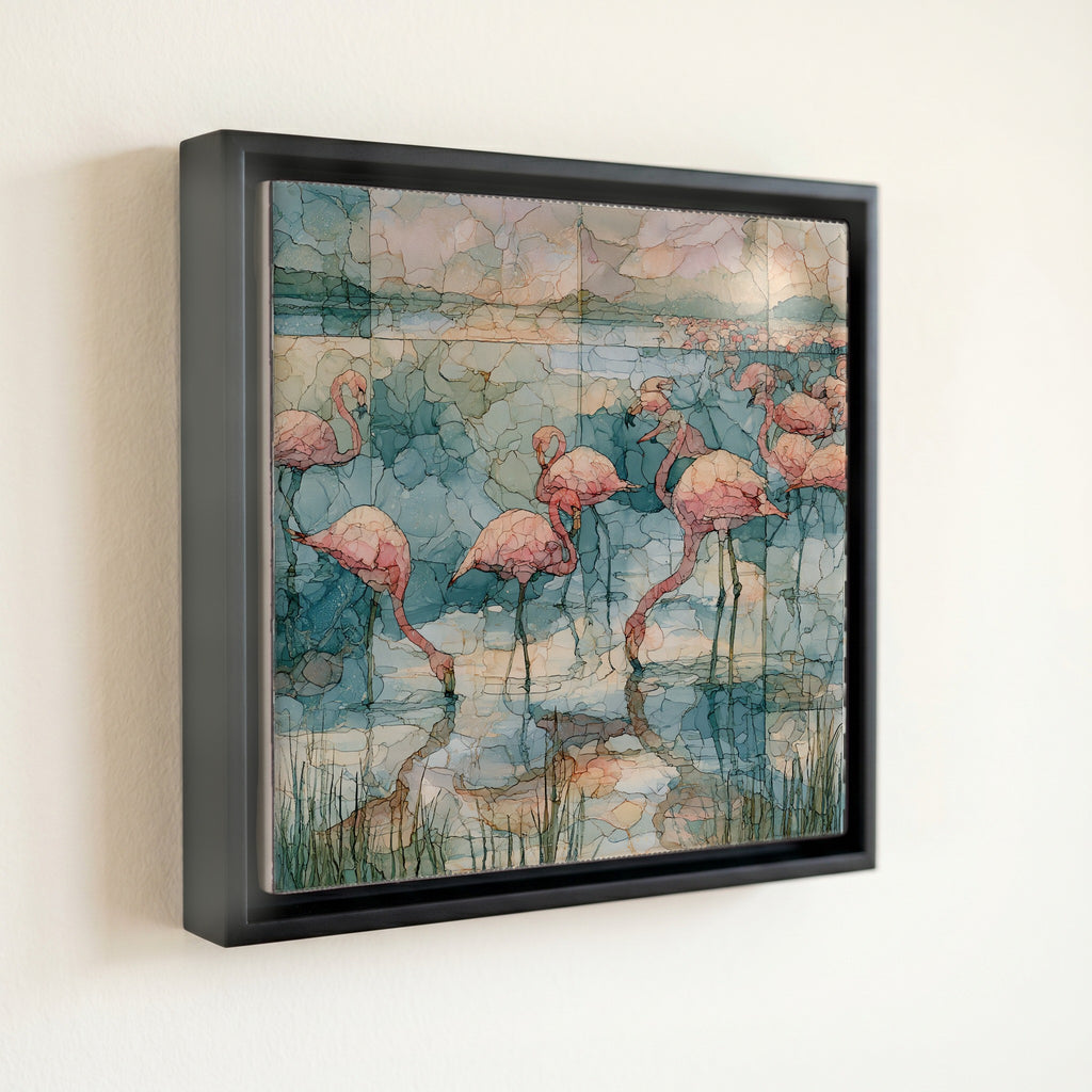 flamingos wading the shallow — front