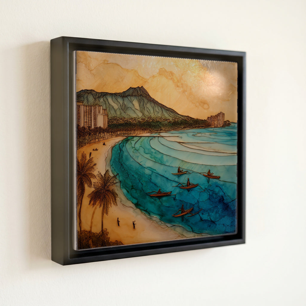 Waikiki Diamond Head Oahu Ceramic Art Tile — front