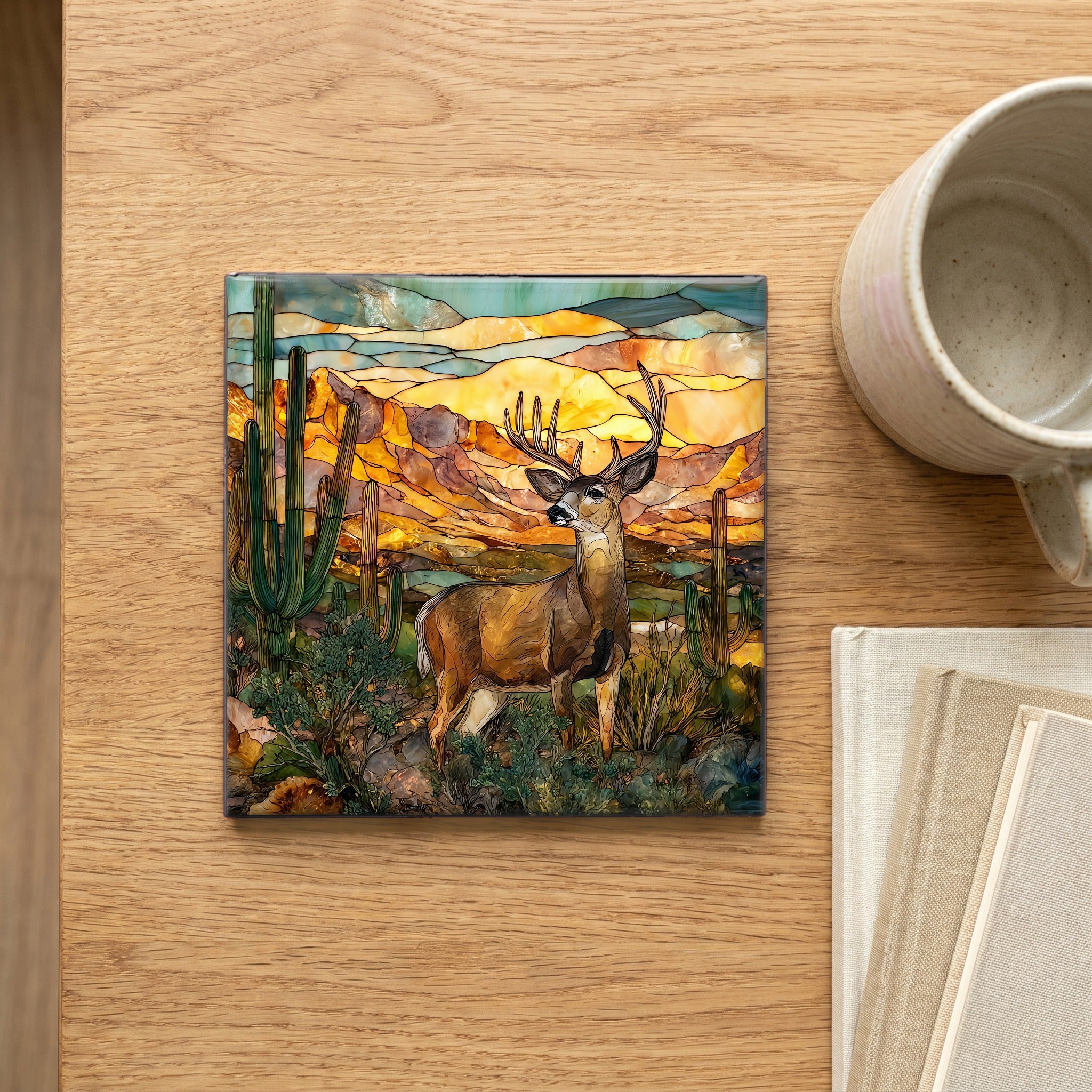 Desert mule deer at saguaro Sonoran Desert — scale