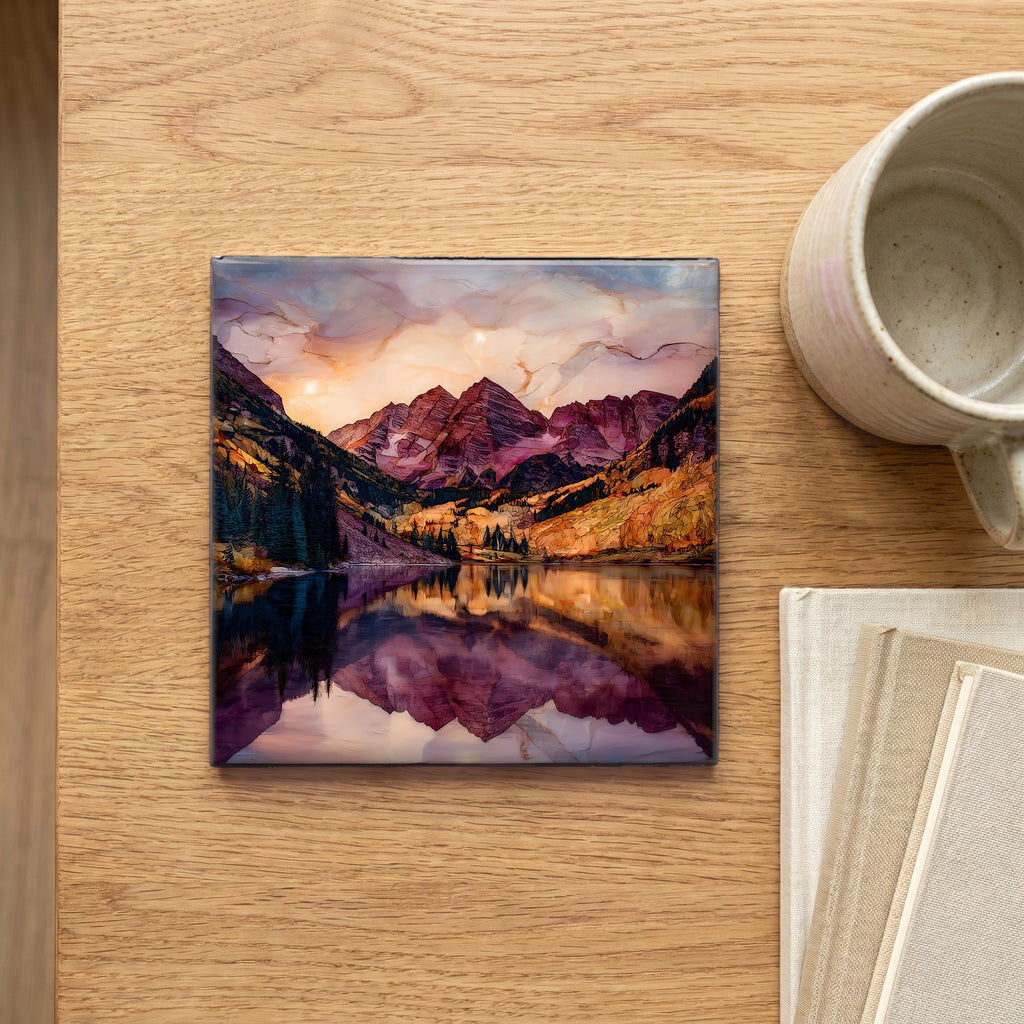 Maroon Bells reflection Elk Range Ceramic Art Tile — scale