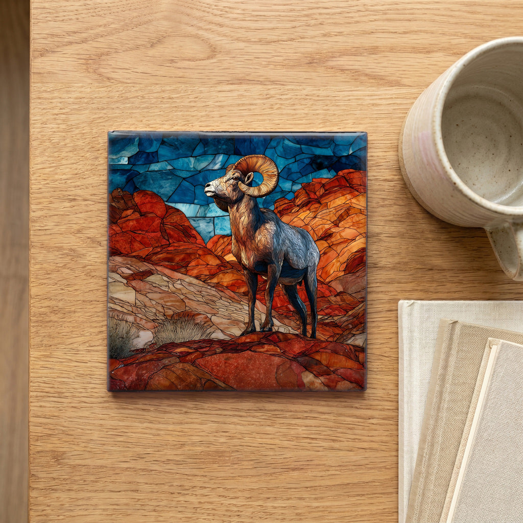 a desert bighorn ram on a sandstone ridge — scale