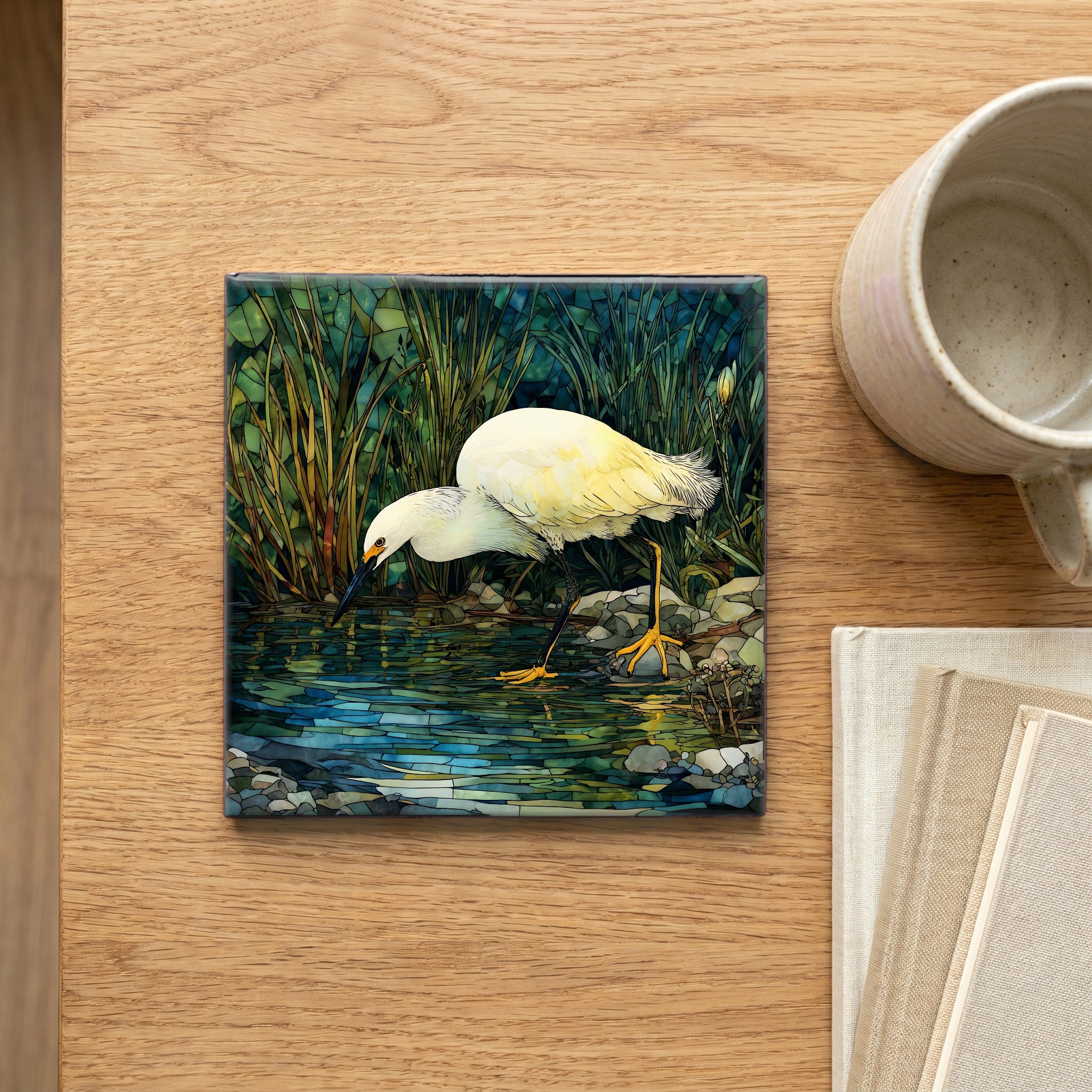 a snowy egret stalking the shallows — scale