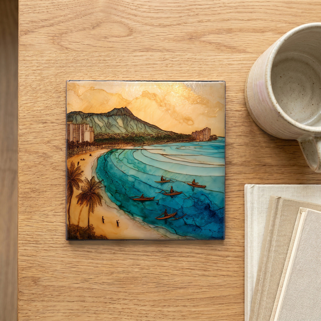 Waikiki Diamond Head Oahu Ceramic Art Tile — scale