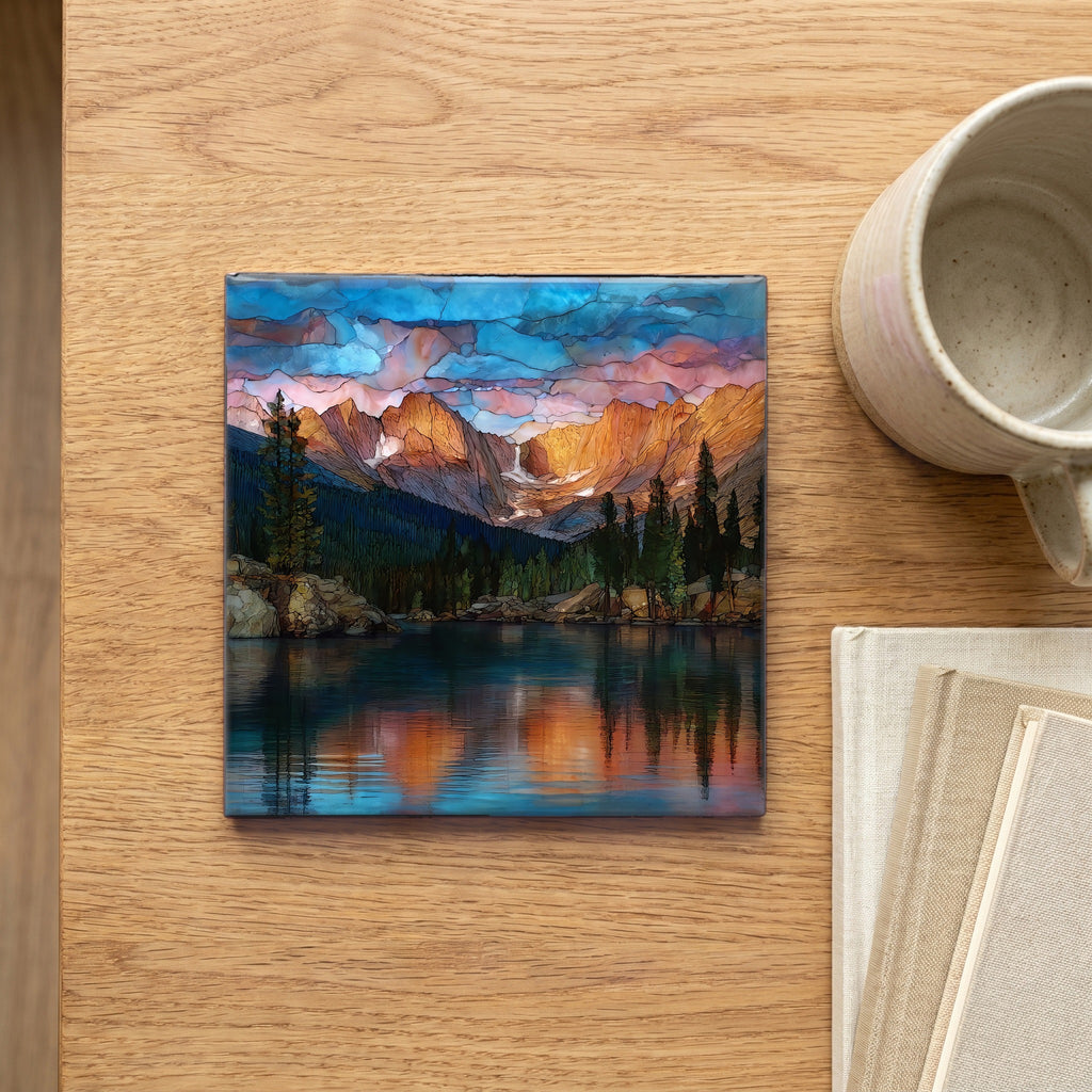 Mills Lake at dusk Rocky Mountain National Park Ceramic Art Tile — scale