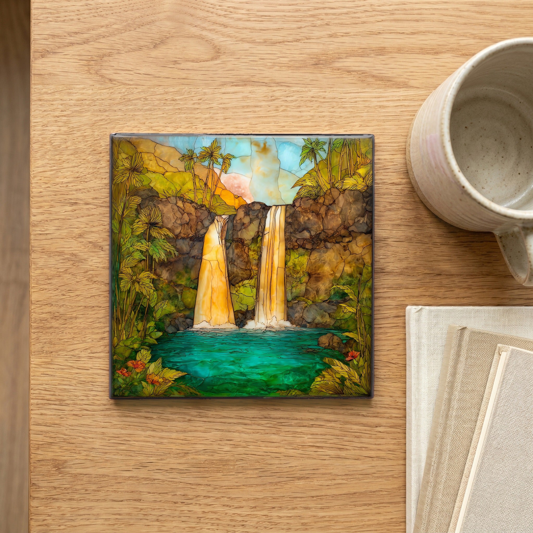 Twin Falls Hana Maui Ceramic Art Tile — scale