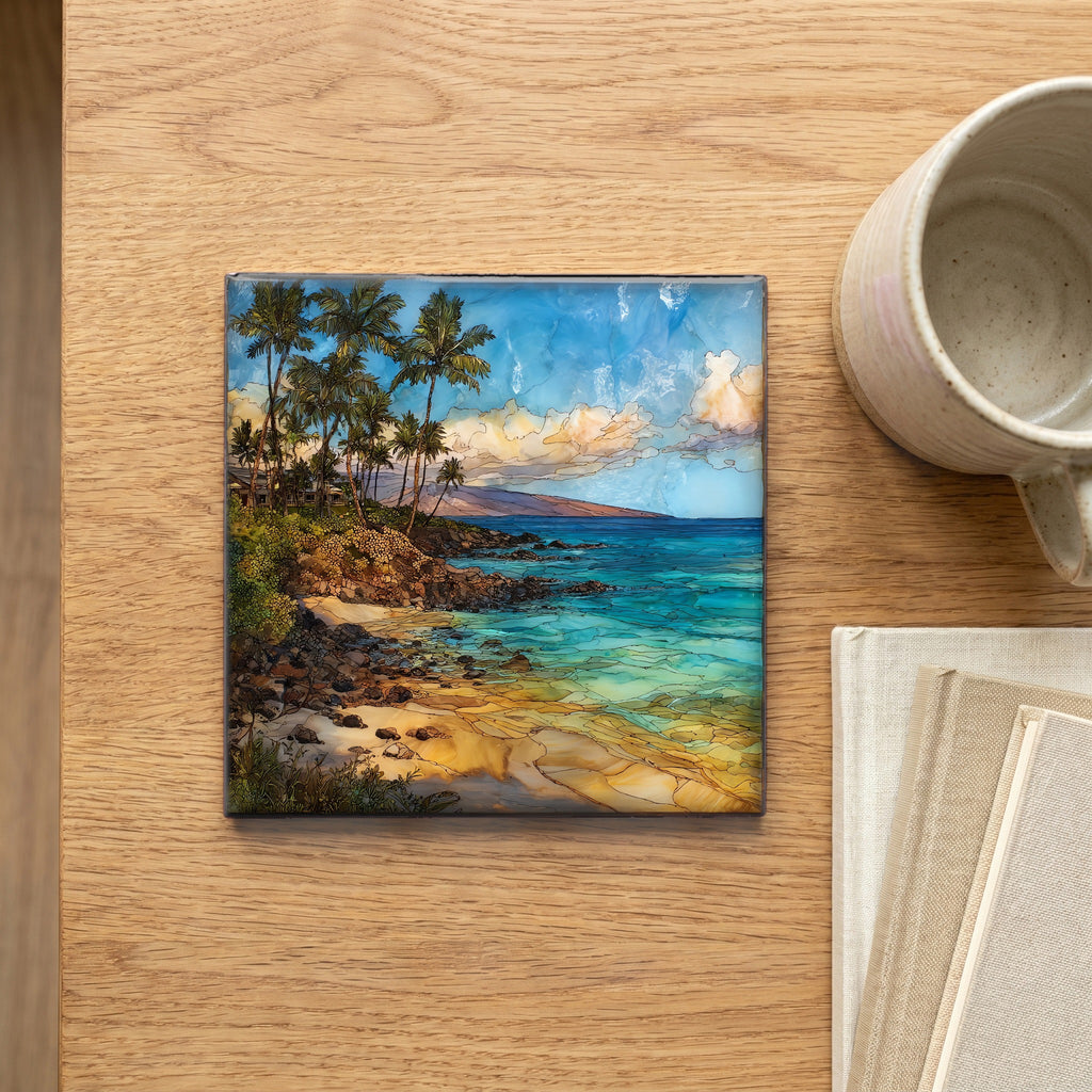 Wailea Coast Morning Maui Ceramic Art Tile — scale