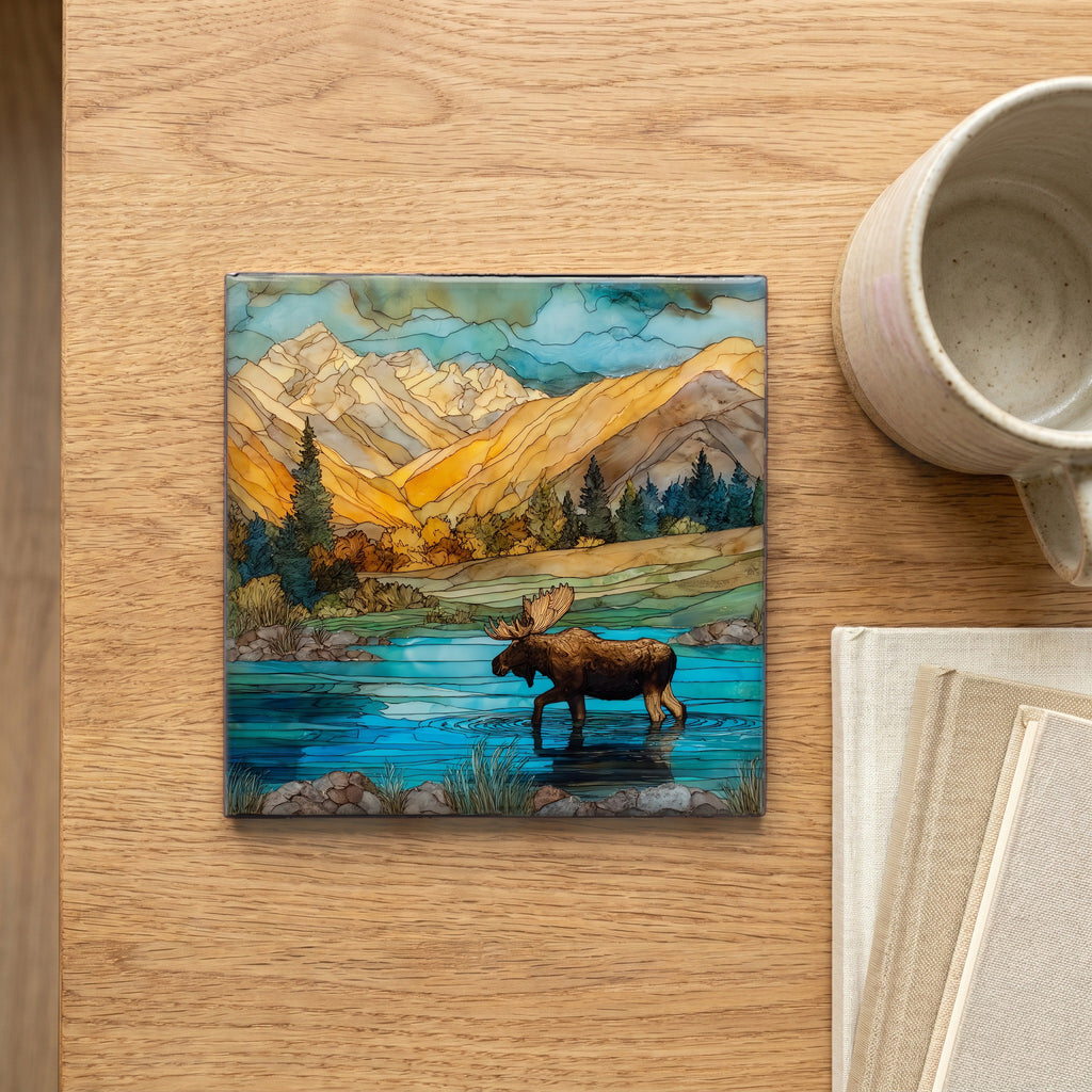 a bull moose wading the Gros — scale
