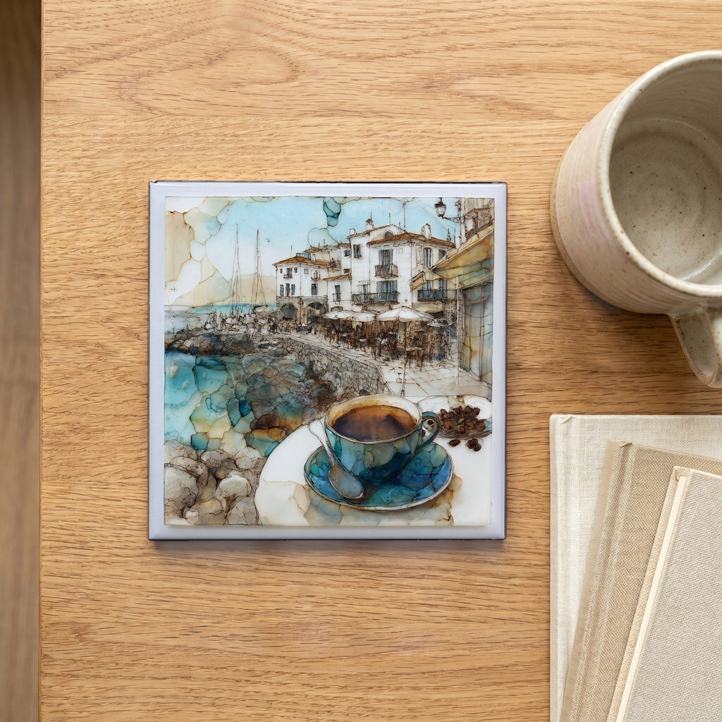 Small Sitges Harbor Cafe Terrace a Cup of Thick Hot Chocolate the Sea Wall Vie — scale