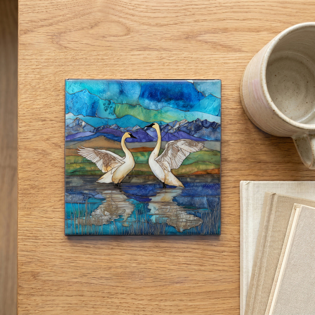 a pair of trumpeter swans on Upper Red — scale