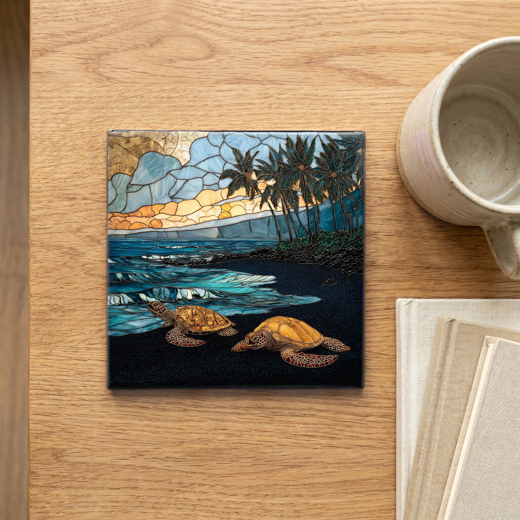 Punaluu Black Sand Big Island Ceramic Art Tile — scale