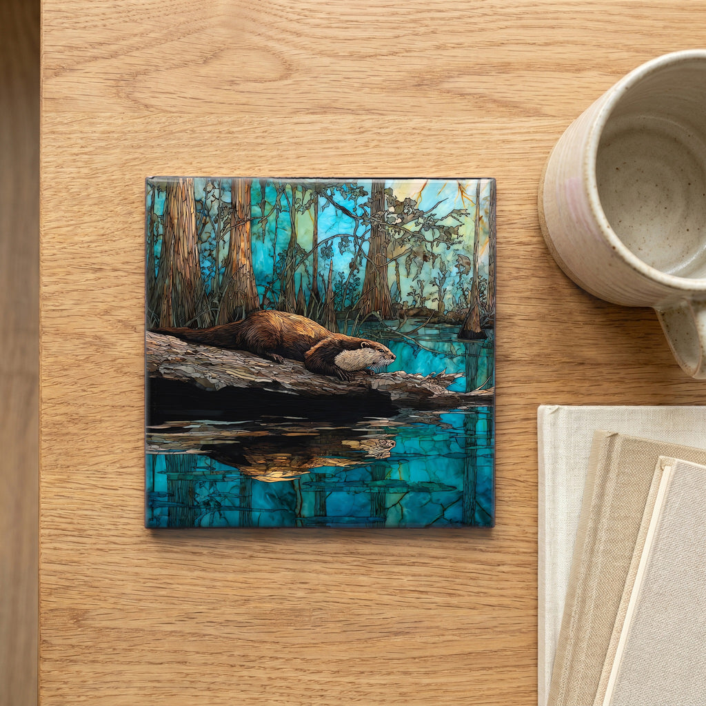 a river otter on a fallen cypress log — scale