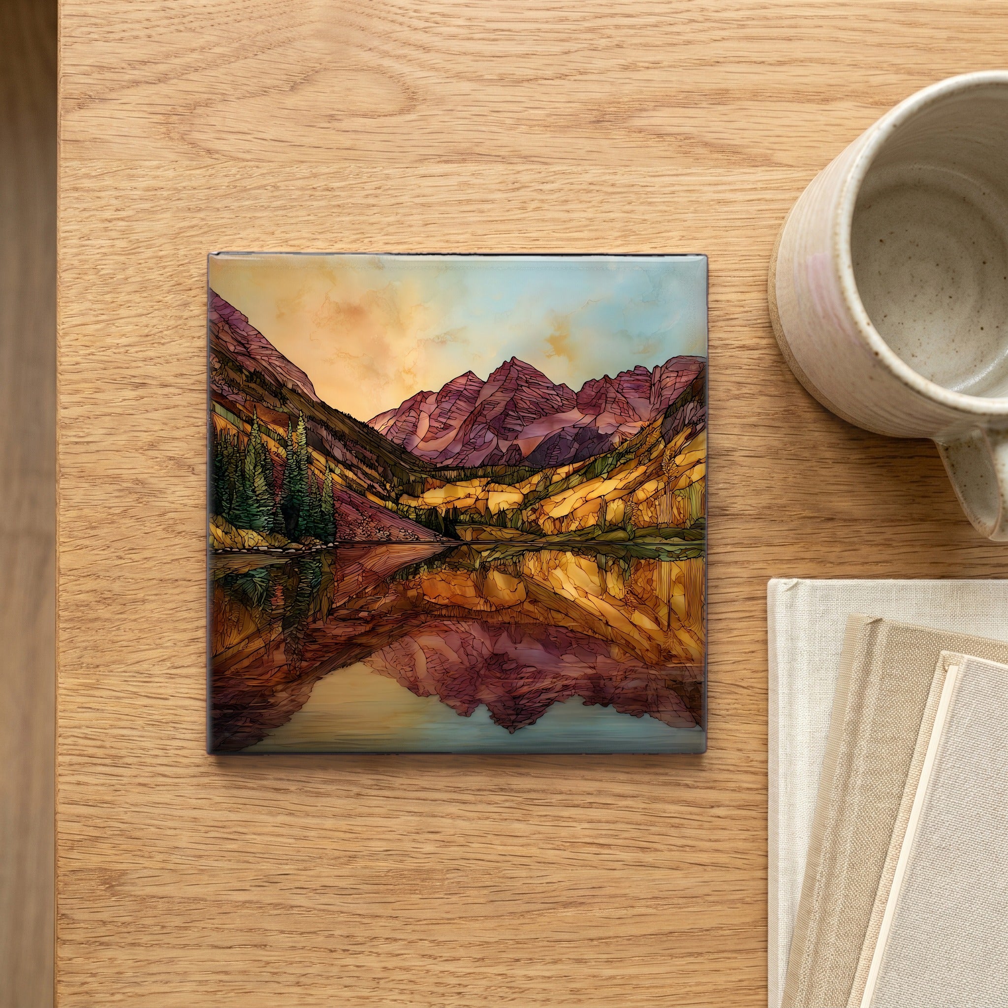 Maroon Lake reflection Elk Range Ceramic Art Tile — scale