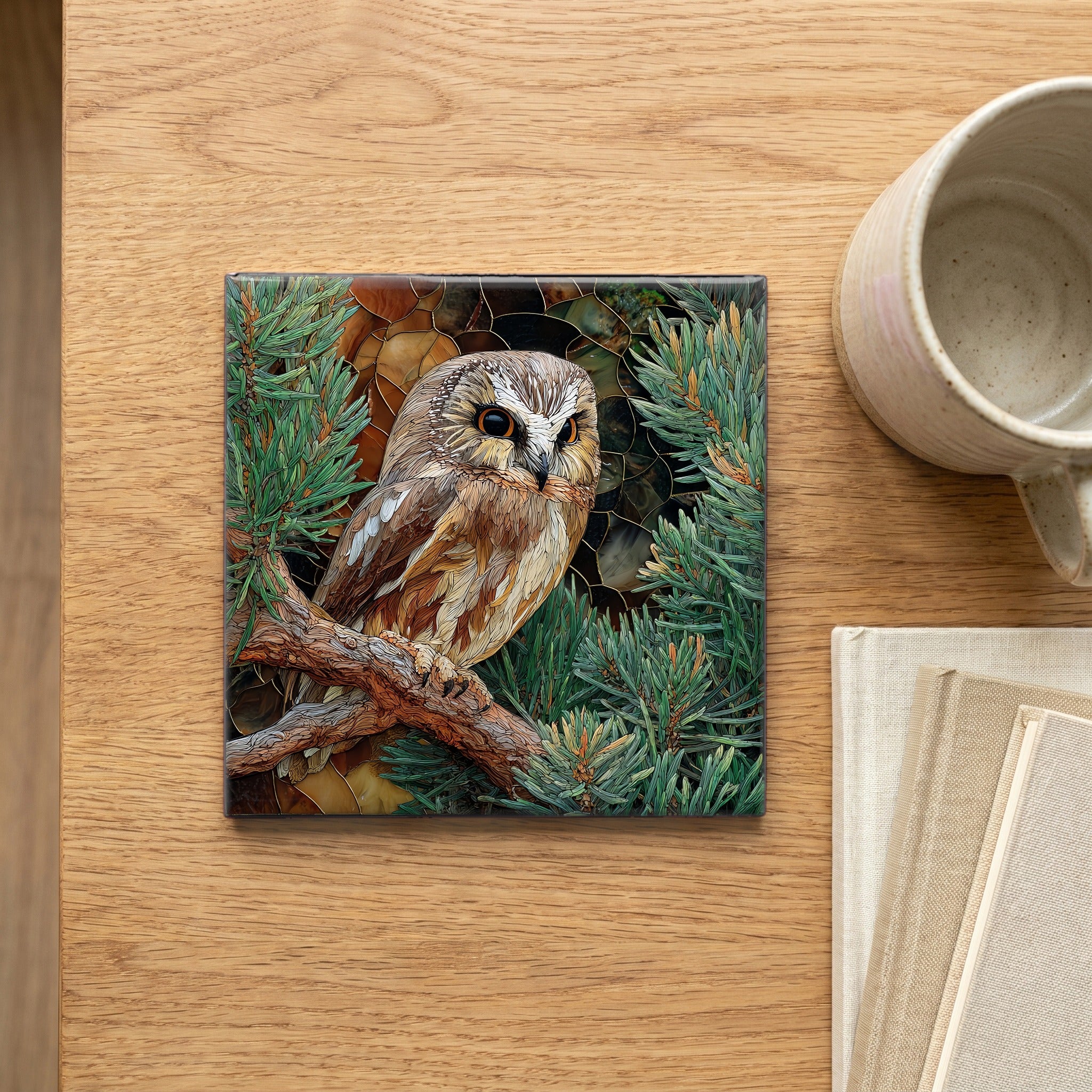 a northern saw-whet owl on a low red — scale