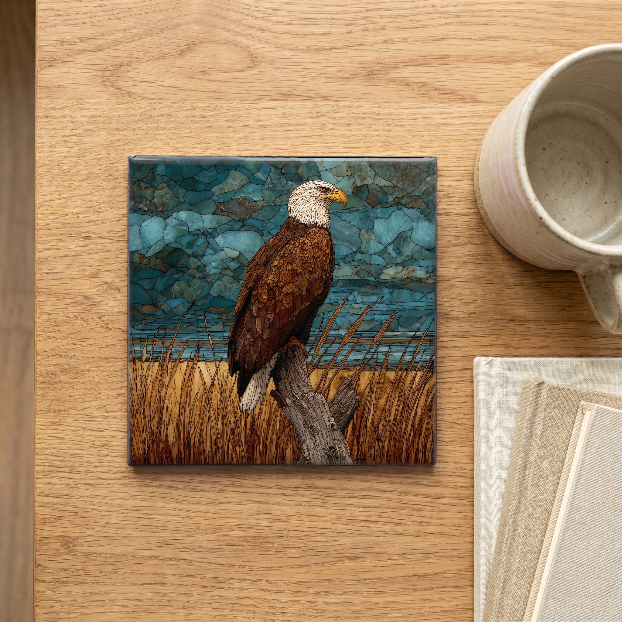 a bald eagle perched atop a — scale