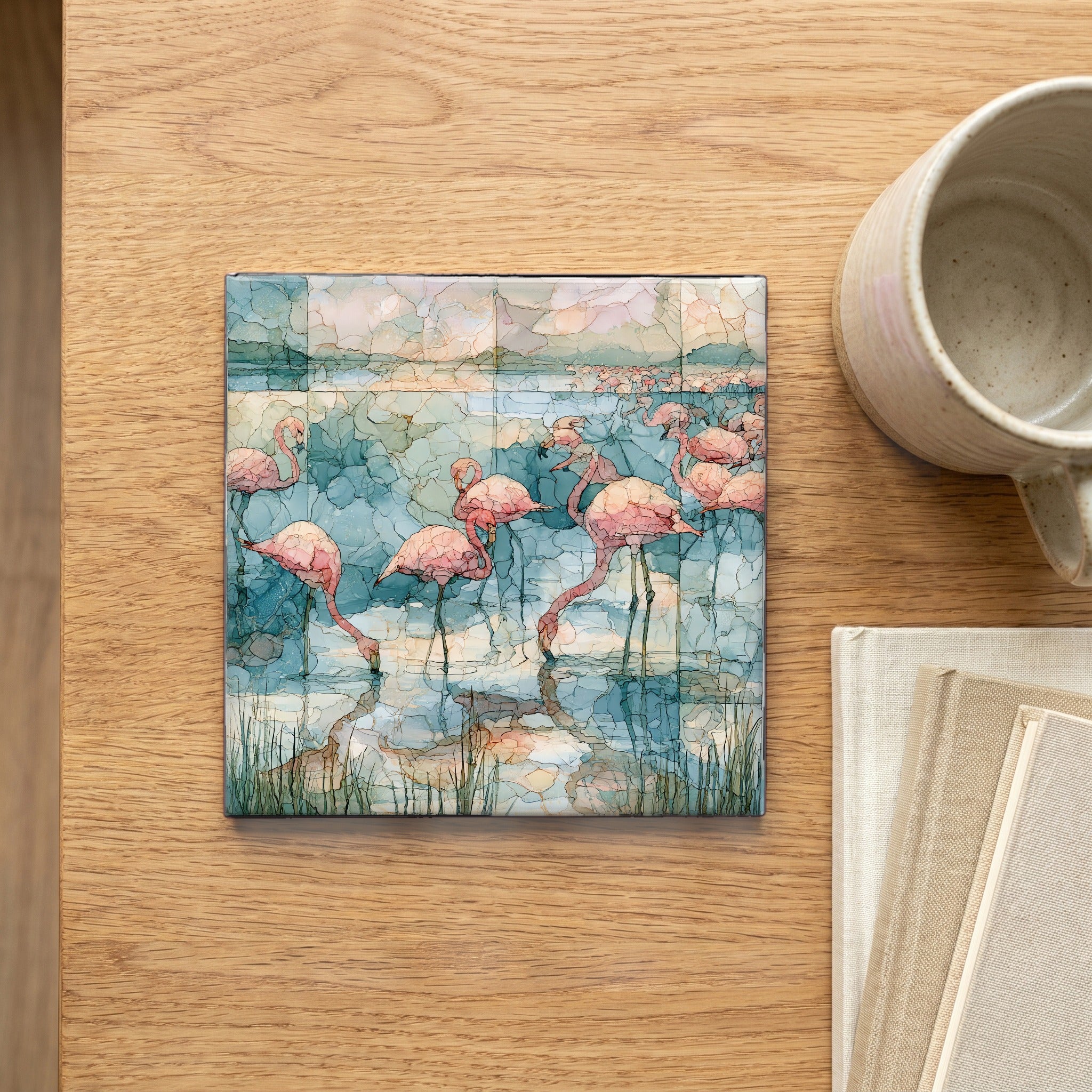 flamingos wading the shallow — scale